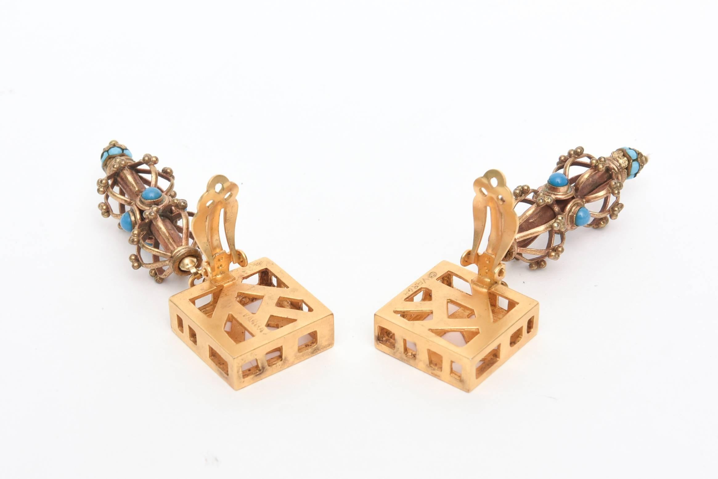  Sculptural Signed Cage and Square Dangle Clip On Earrings Vintage For Sale 2