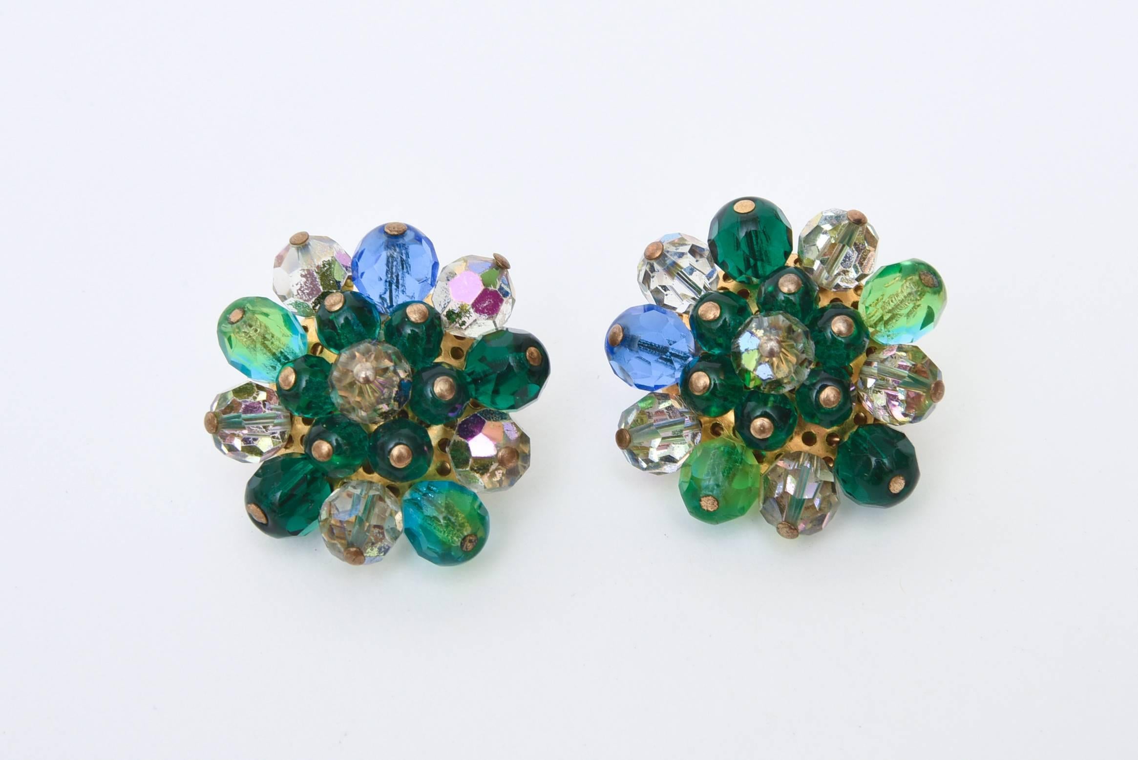 Collar y pendientes de clip Schiaparelli vintage de turquesa y cristal verde en venta 2