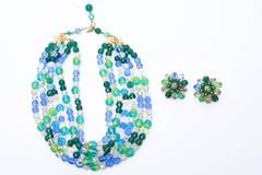 Schiaparelli Vintage Turquoise, Green Glass Strand Necklace & Clip on Earrings