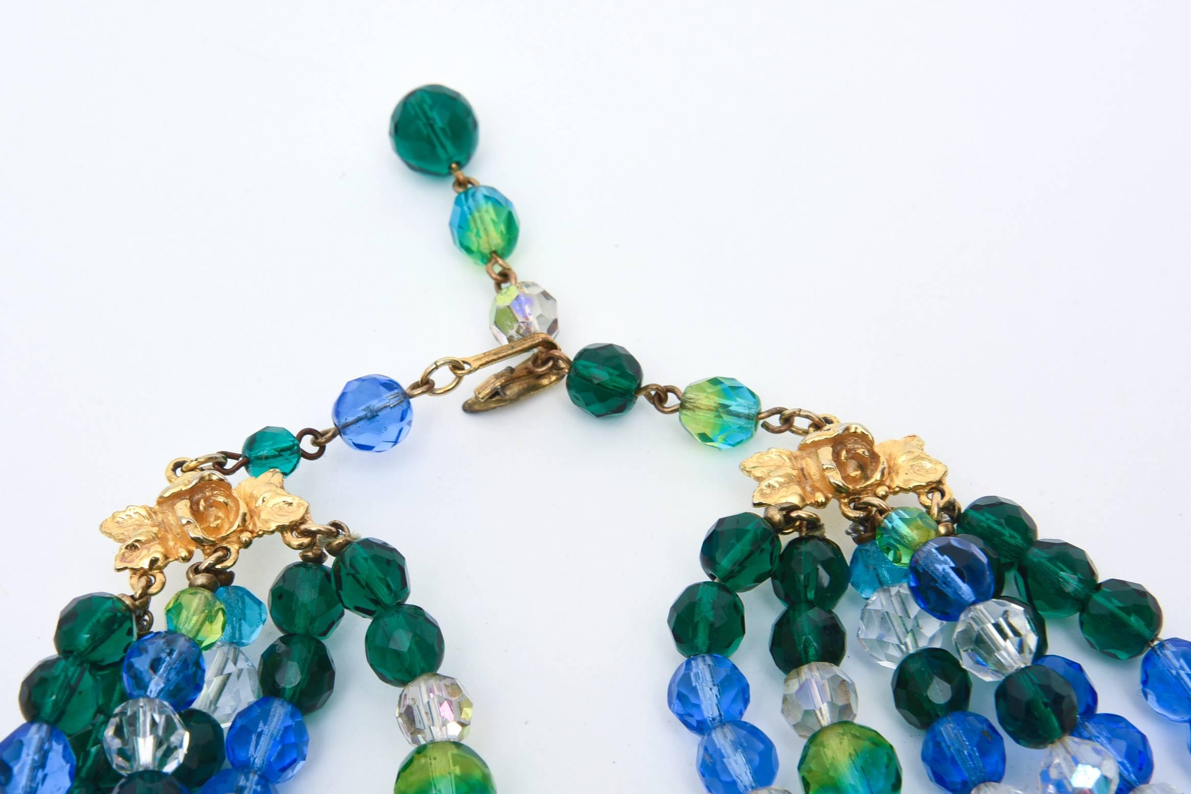 Modern  Schiaparelli Turquoise & Green Glass Strand Necklace & Clip on Earrings Vintage For Sale