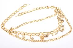 Gold Plated Chain Link Belt with Faux Pearl and Resin Dangles Vintage