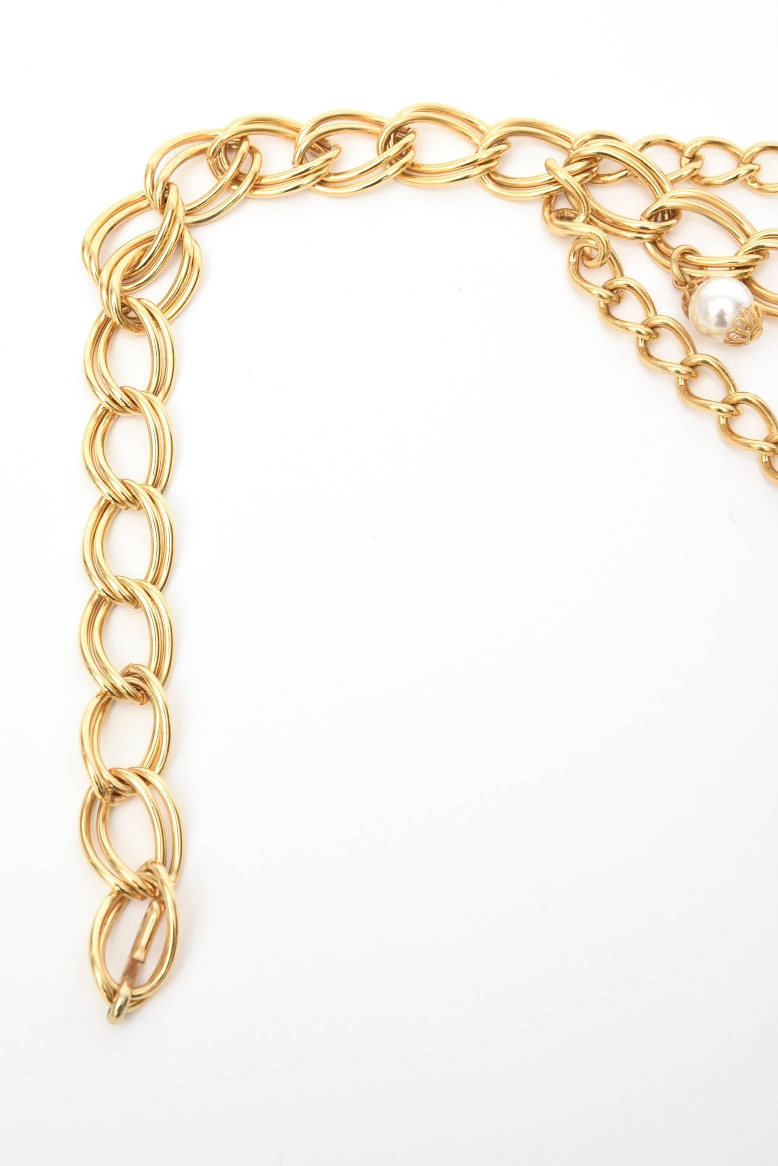Women's Gold Plated Chain Link Belt with Faux Pearl and Resin Dangles Vintage