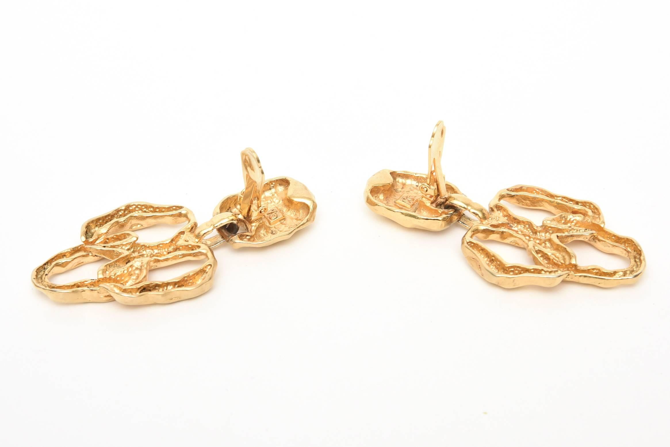Gold Plated Sculptural Clip On Dangle Earrings For Sale 1