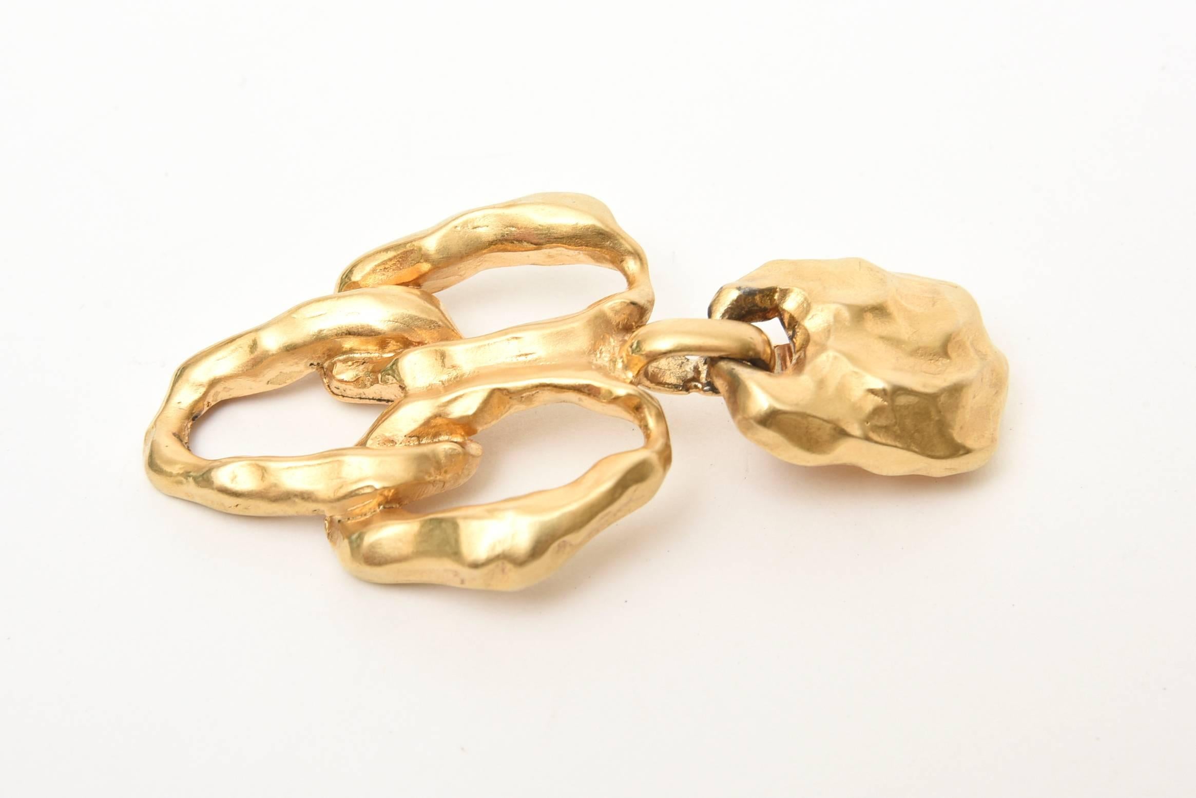 Women's Gold Plated Sculptural Clip On Dangle Earrings For Sale