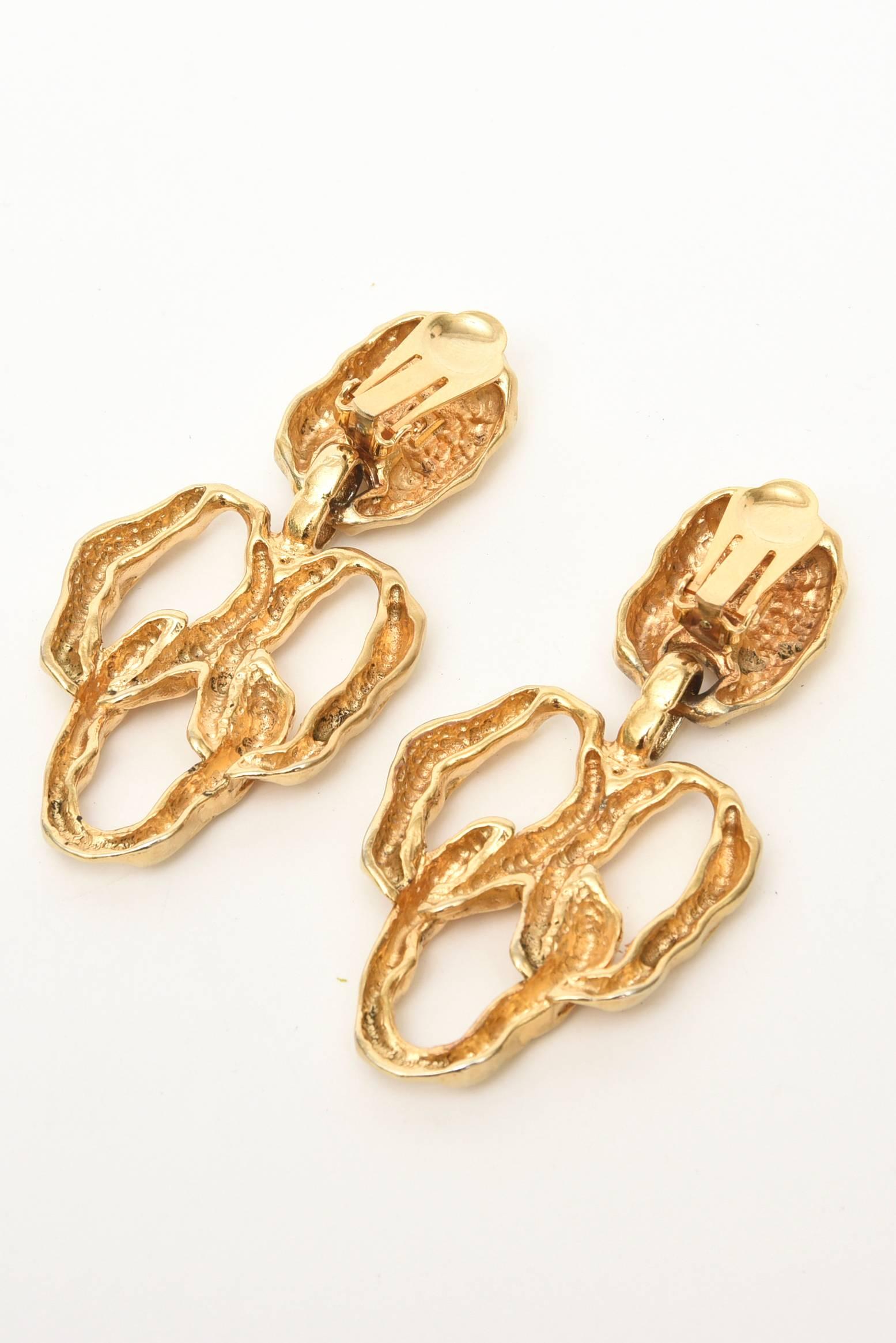 Modern Gold Plated Sculptural Clip On Dangle Earrings For Sale