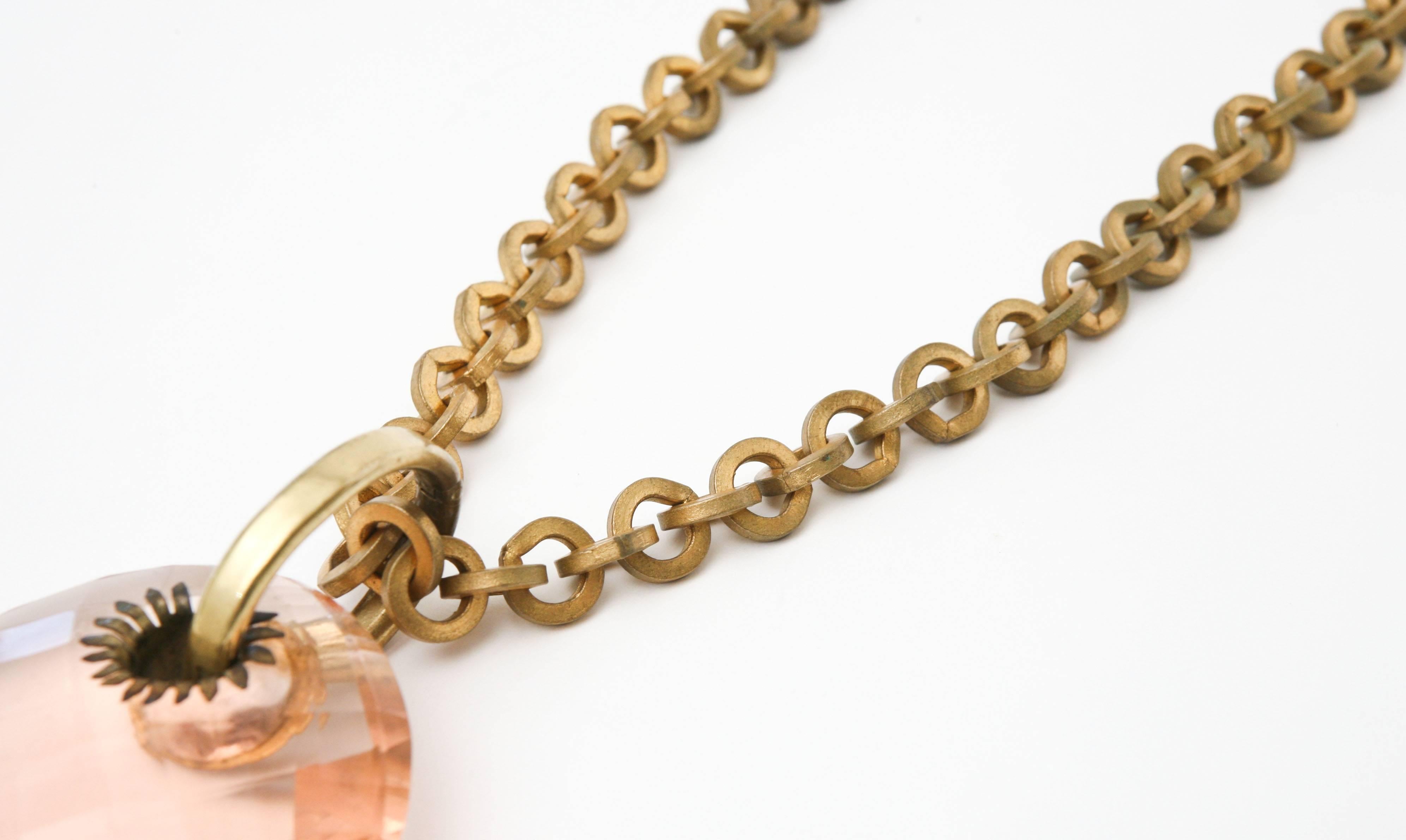 Modern Vintage Italian Brass Link Chain and Diamond Faceted Glass Pendant Necklace For Sale