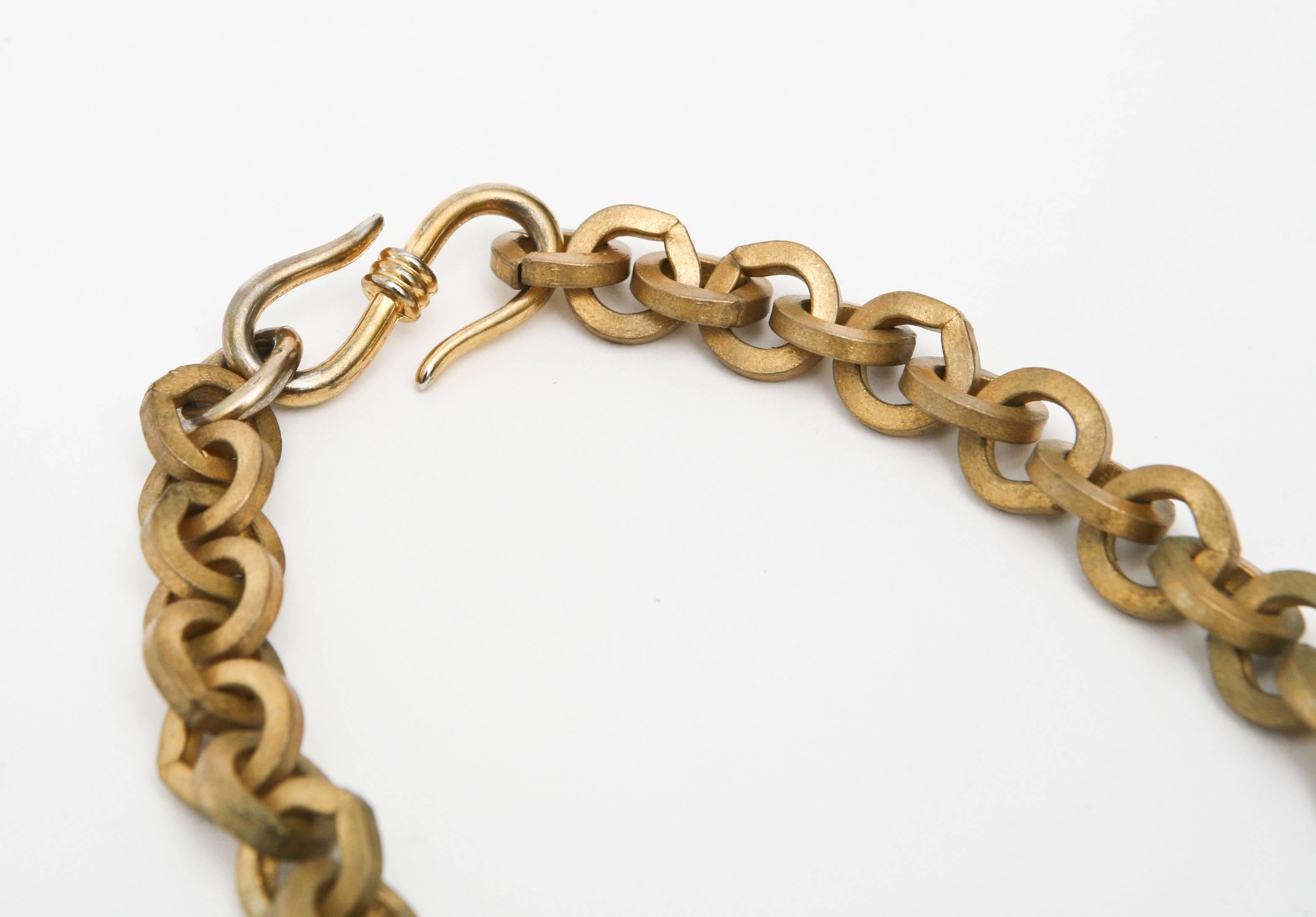 Vintage Italian Brass Link Chain and Diamond Faceted Glass Pendant Necklace For Sale 1