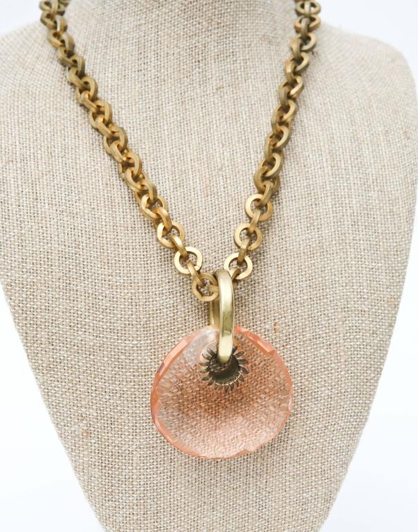 Italian Brass Link and Peach Diamond Faceted Glass Pendant Necklace For ...