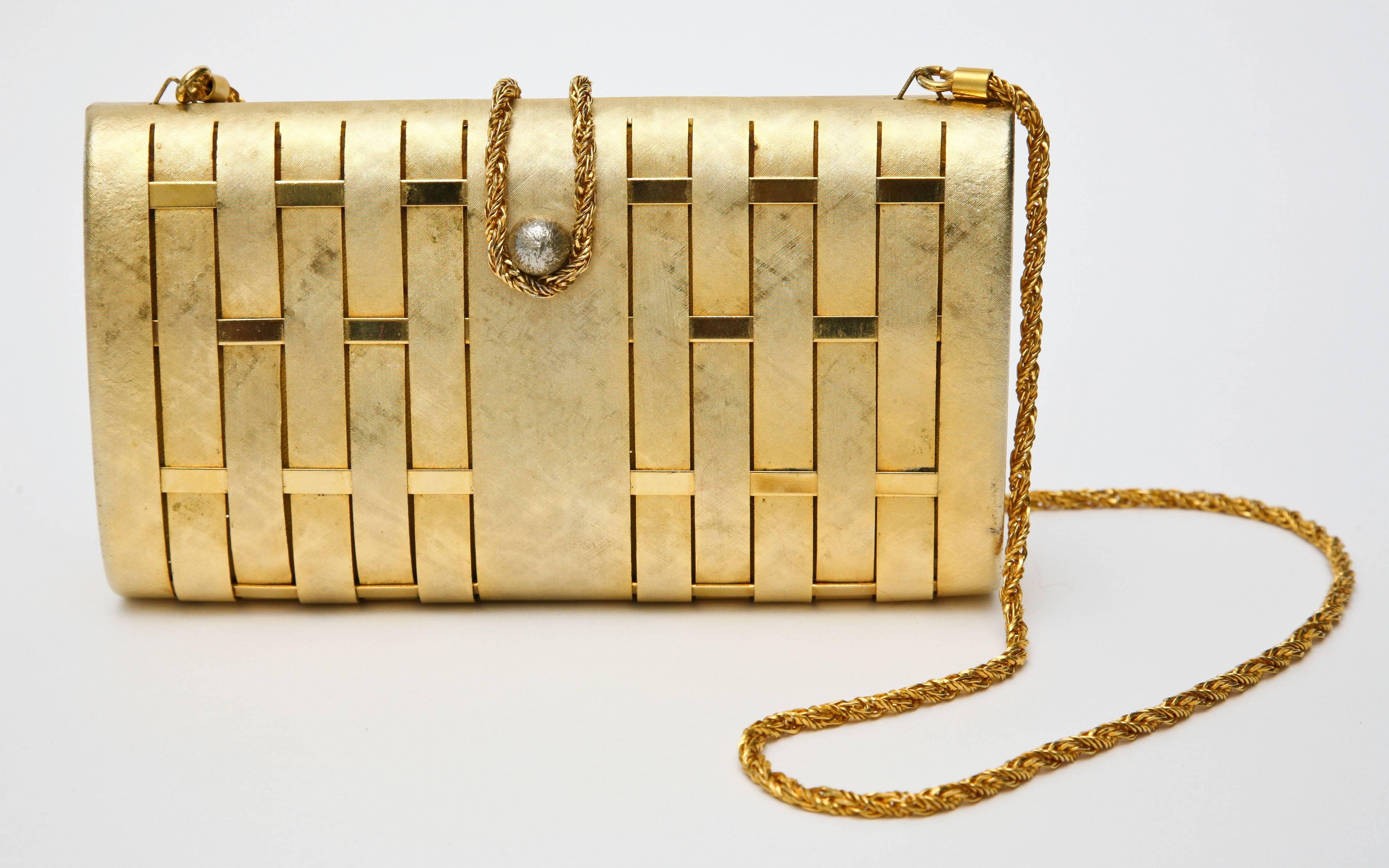  Gold Structured Evening Clutch French Vintage In Good Condition In North Miami, FL