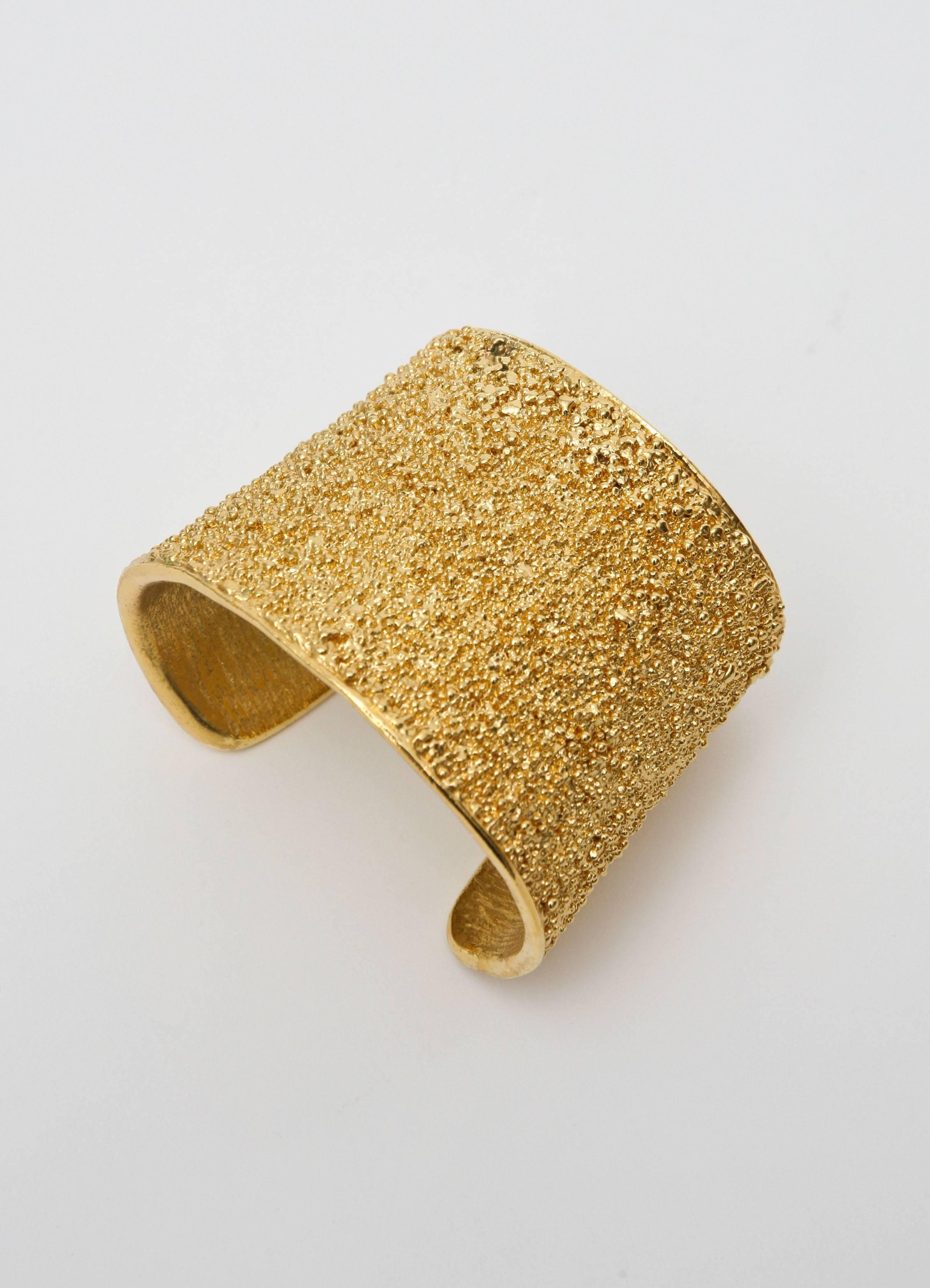 Pair of Signed Yves Saint Laurent Textural Gold Plated Cuff Bracelets 3