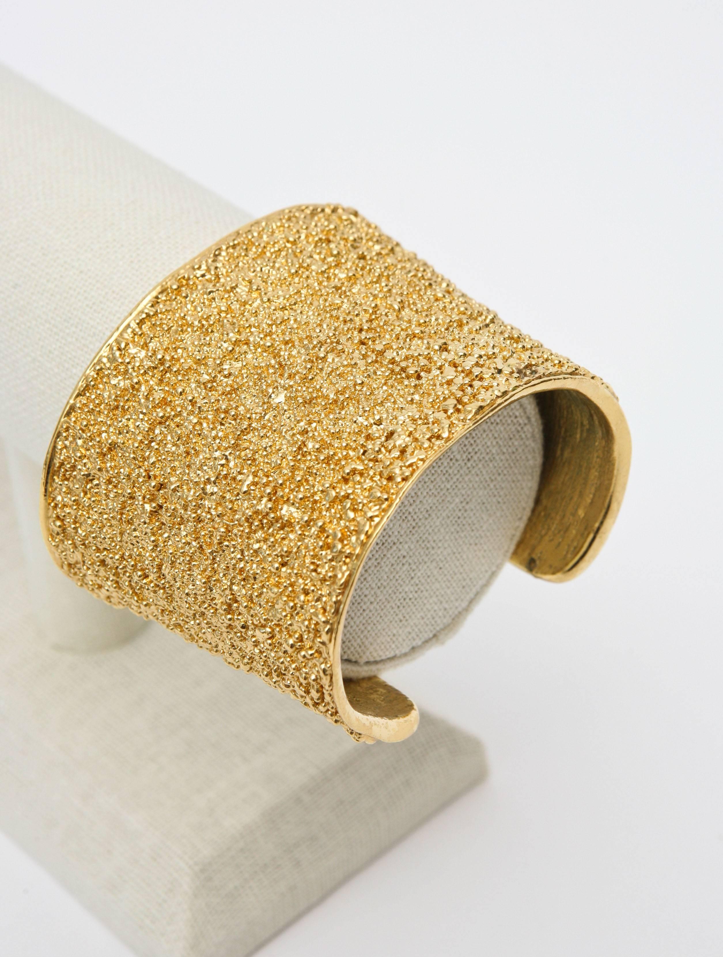 Pair of Signed Yves Saint Laurent Textural Gold Plated Cuff Bracelets 4