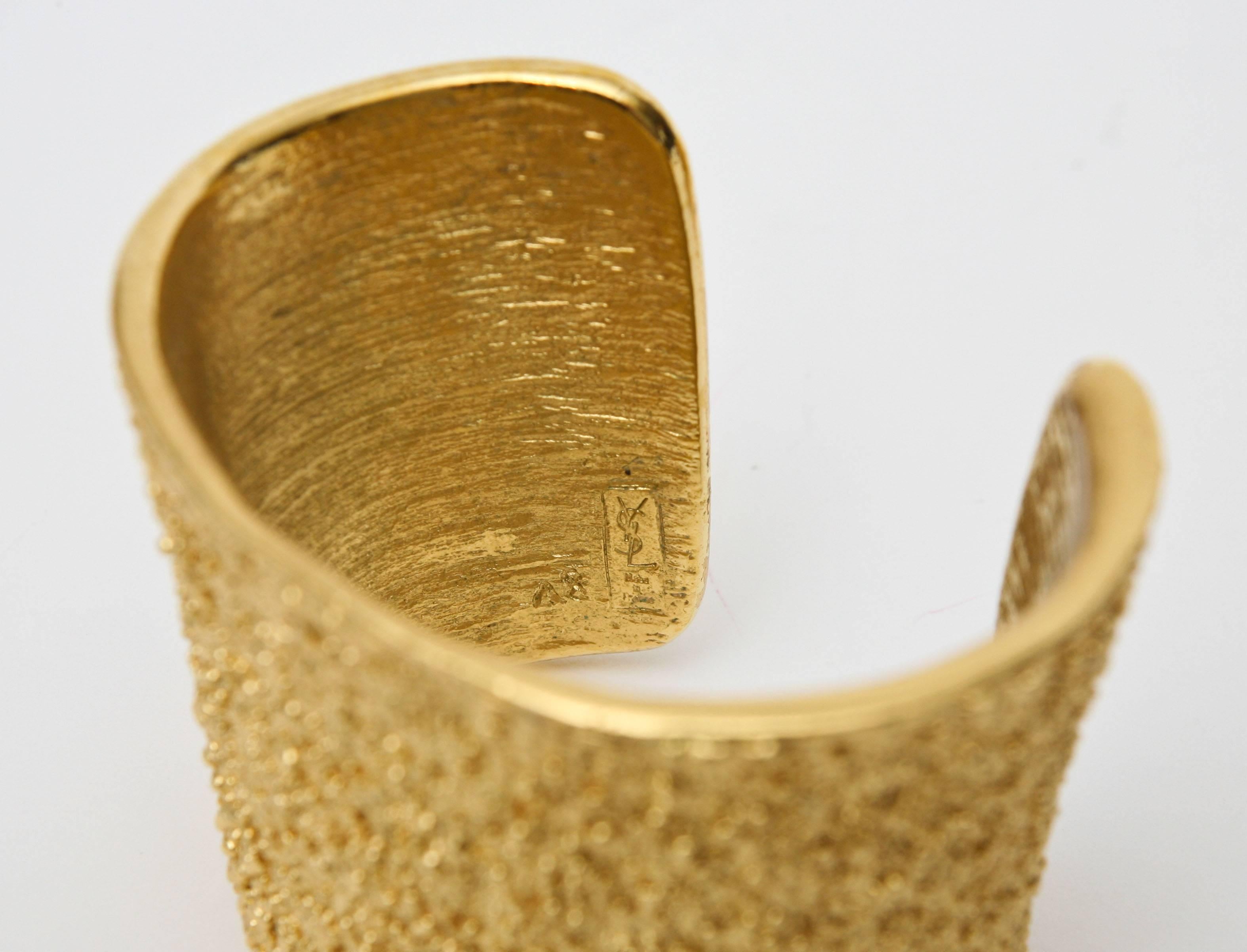 Pair of Signed Yves Saint Laurent Textural Gold Plated Cuff Bracelets 2