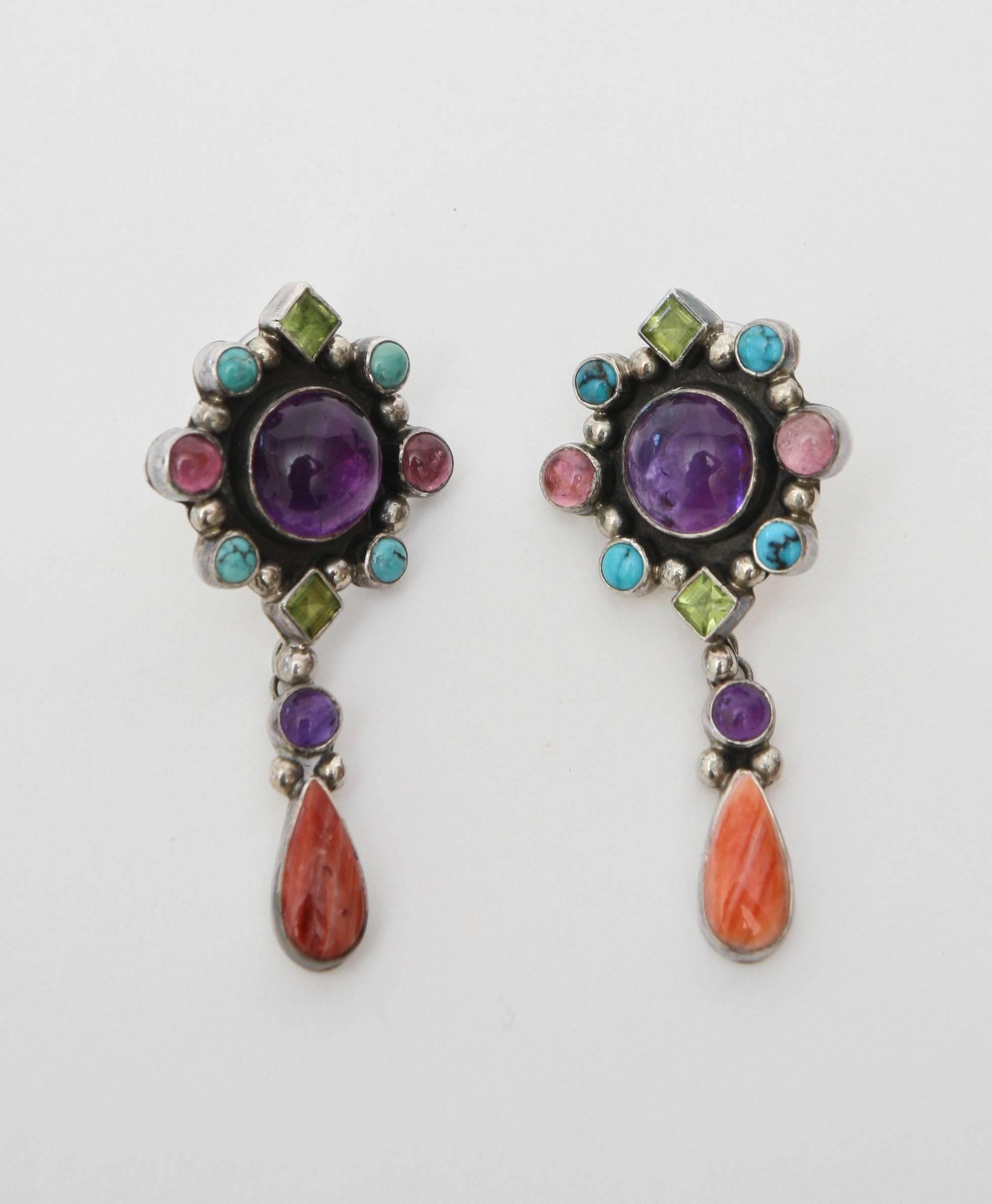 Pair of Coral, Amethyst, Turquoise, Citrine and Sterling Silver Earrings 2