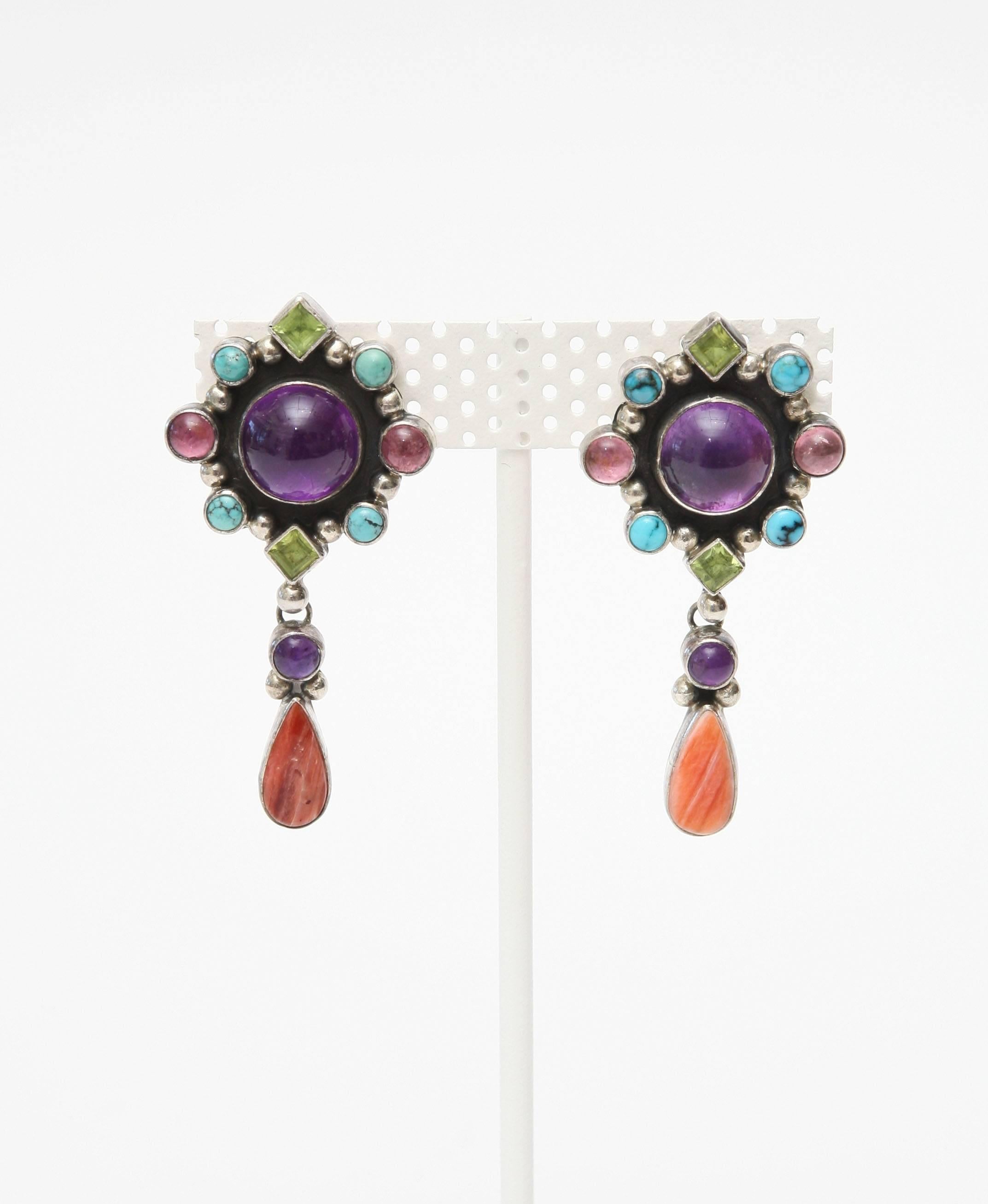 Modern Pair of Coral, Amethyst, Turquoise, Citrine and Sterling Silver Earrings