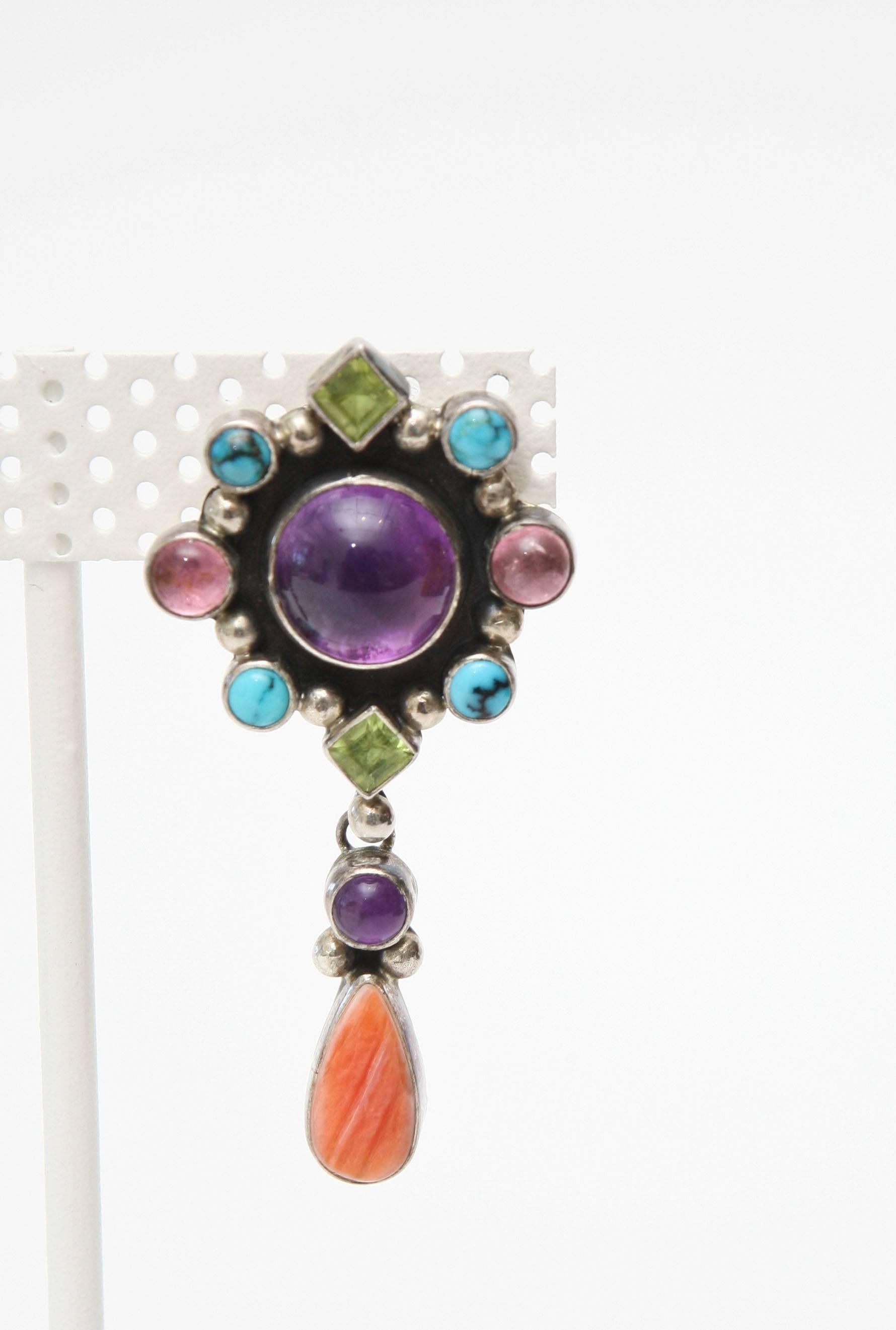 Women's Pair of Coral, Amethyst, Turquoise, Citrine and Sterling Silver Earrings