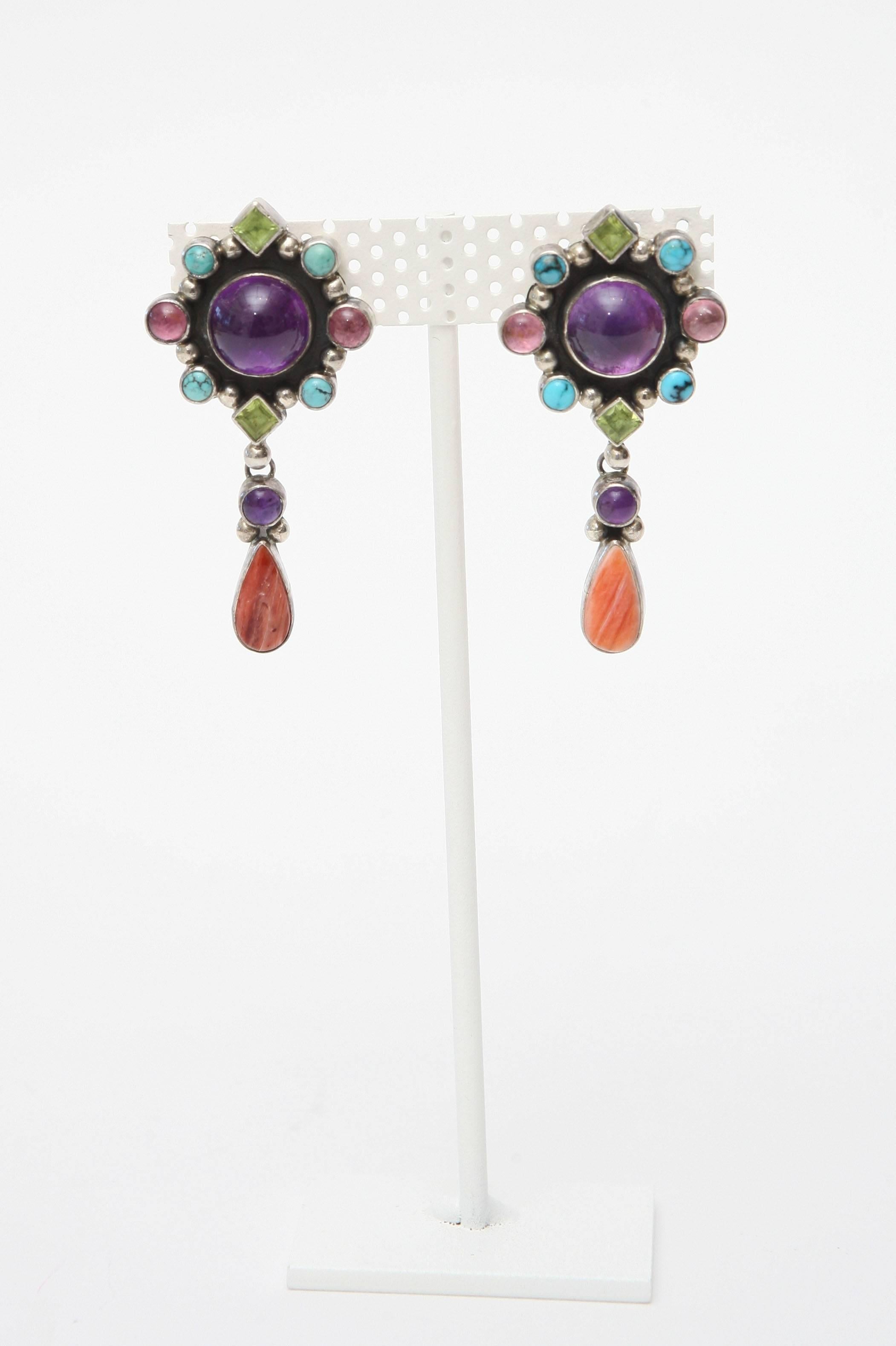 Pair of Coral, Amethyst, Turquoise, Citrine and Sterling Silver Earrings 5