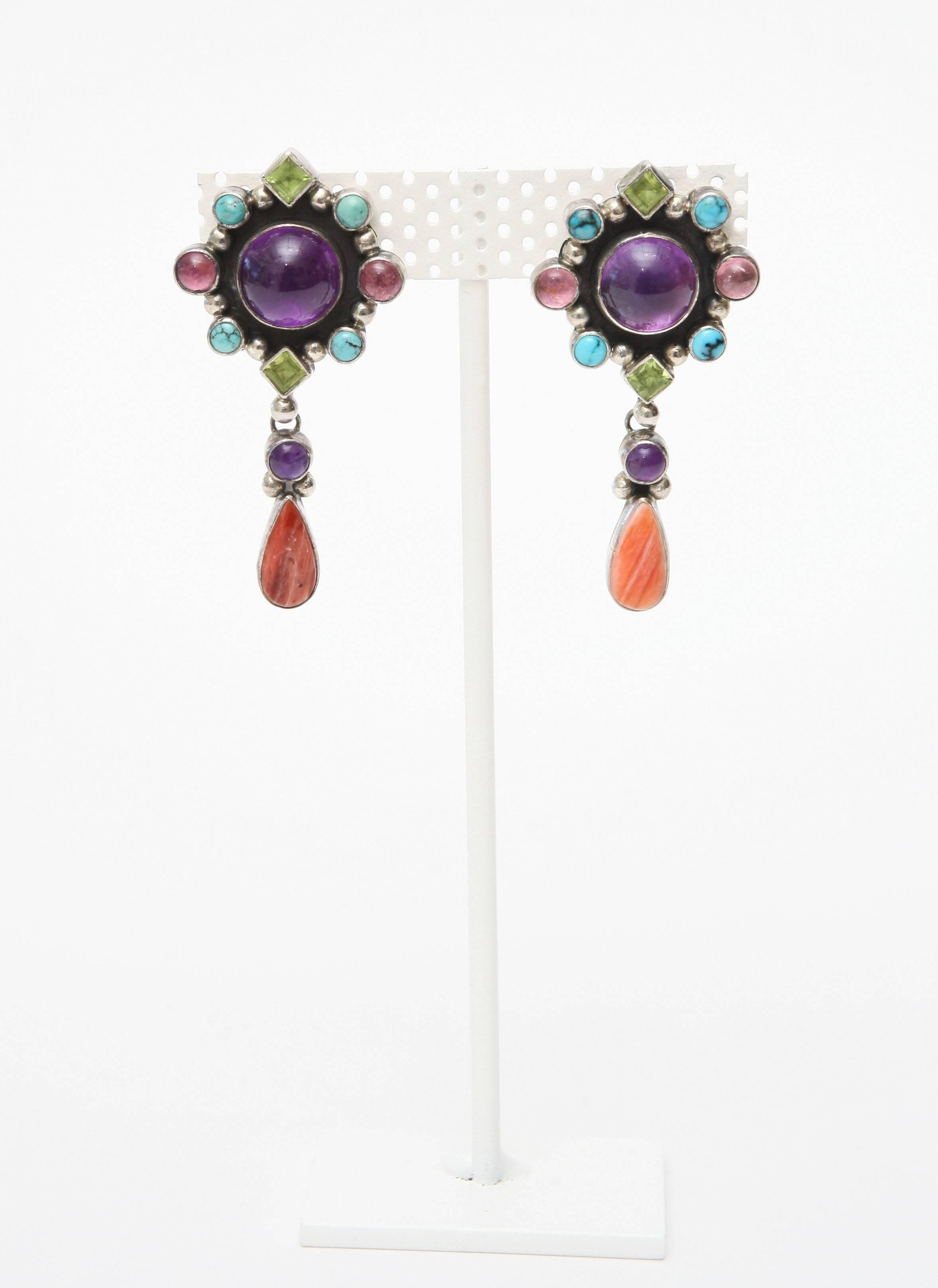 Pair of Coral, Amethyst, Turquoise, Citrine and Sterling Silver Earrings 1