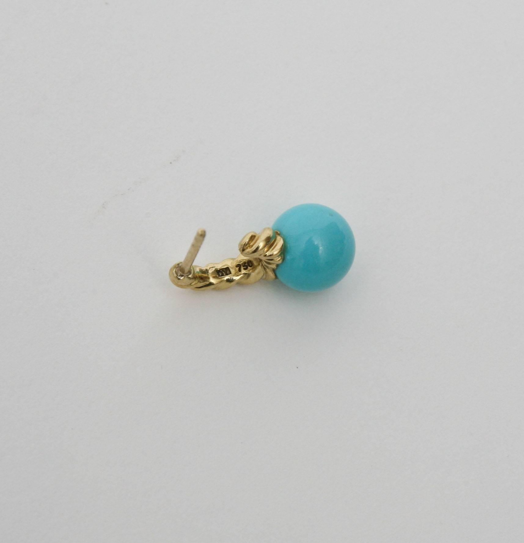 Modern Pair of Turquoise and 14 Carat Gold Drop Earrings