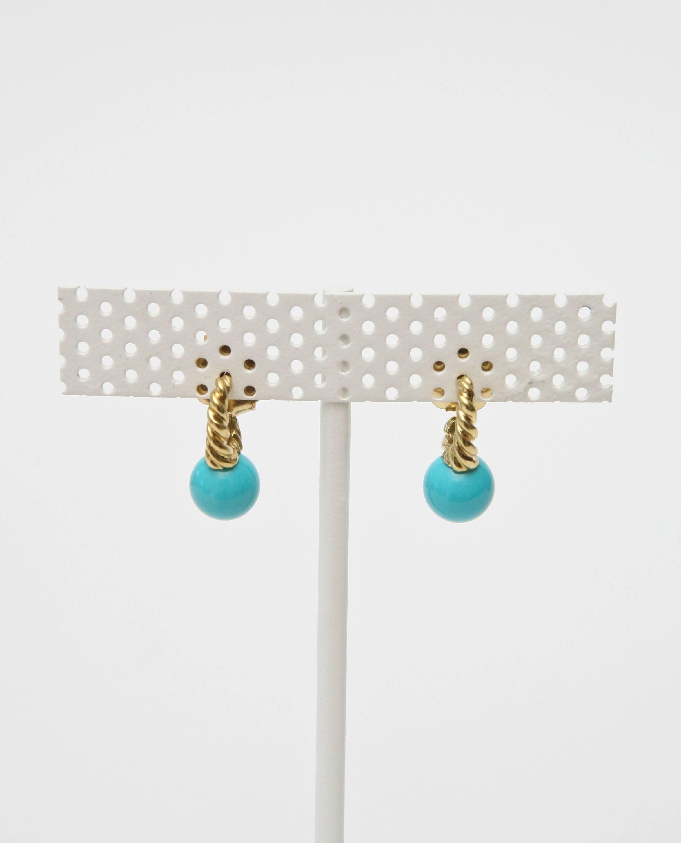 Pair of Turquoise and 14 Carat Gold Drop Earrings 1