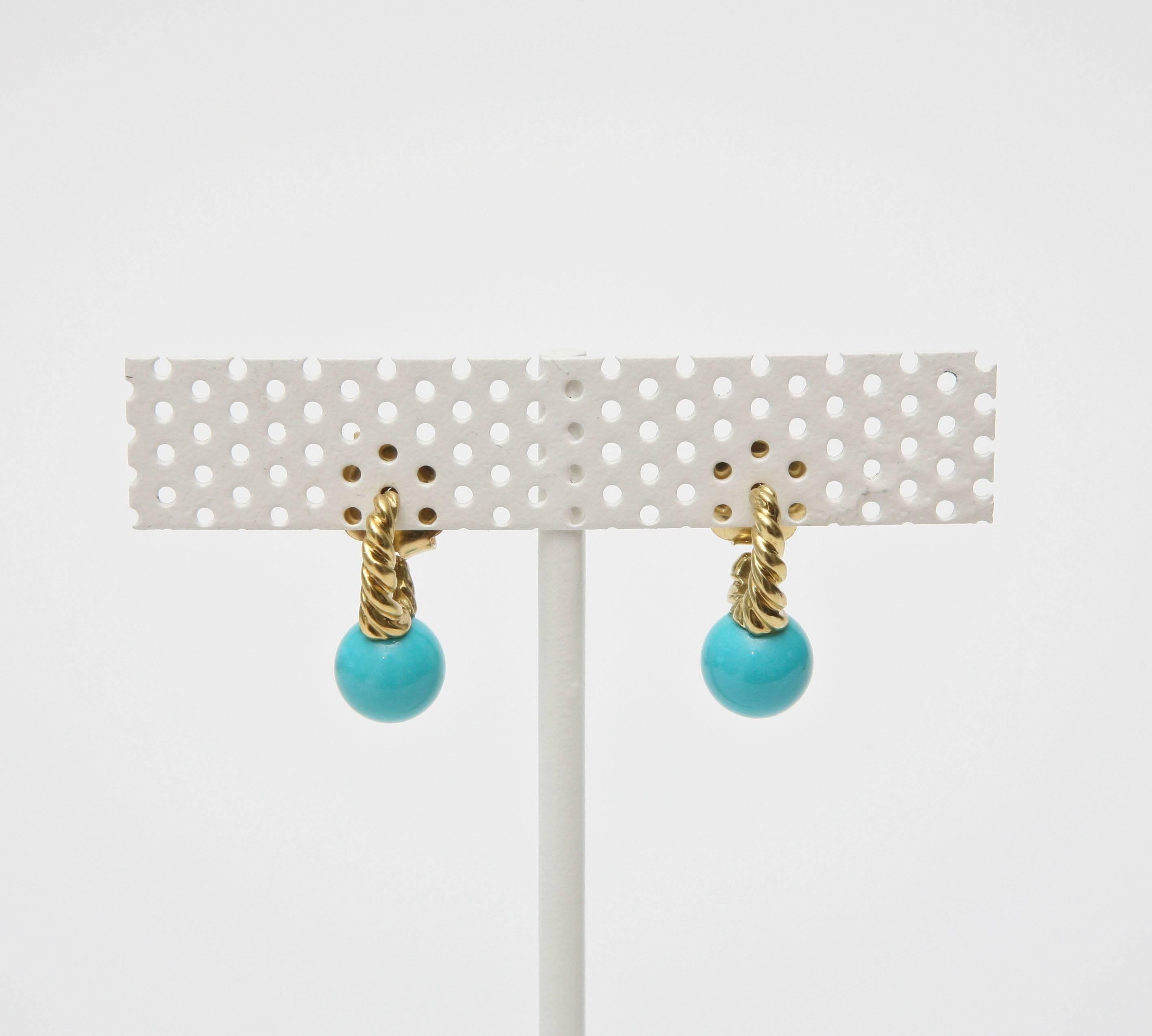 Pair of Turquoise and 14 Carat Gold Drop Earrings 3