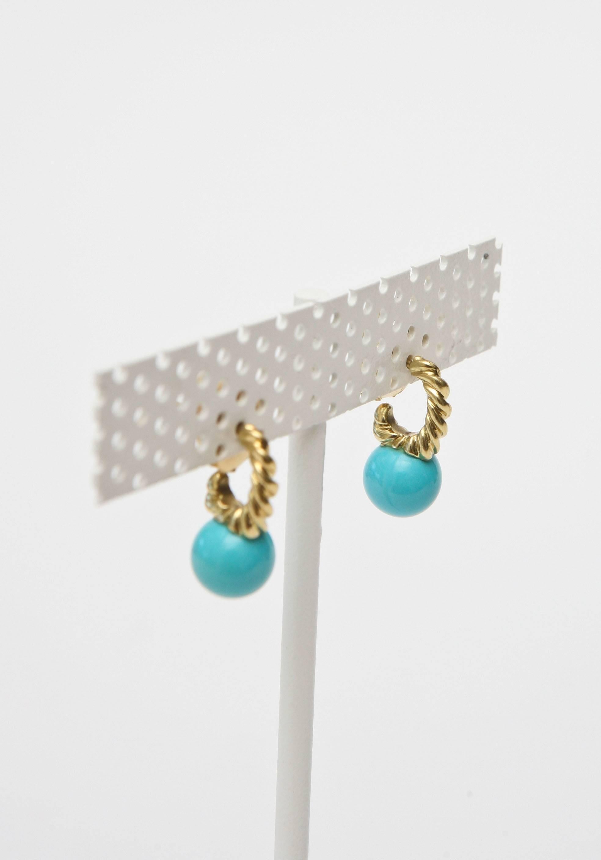 Pair of Turquoise and 14 Carat Gold Drop Earrings 4