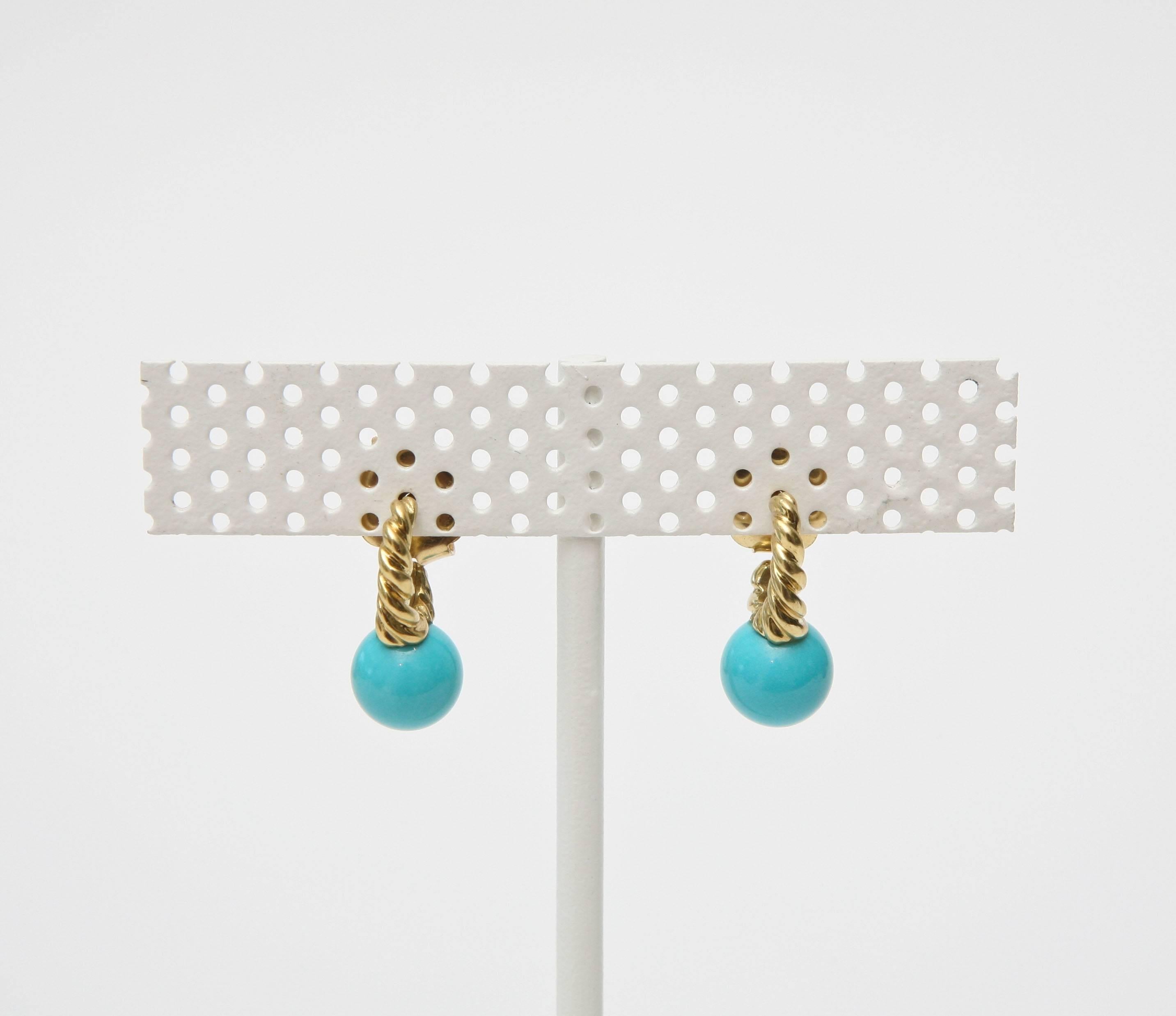 Pair of Turquoise and 14 Carat Gold Drop Earrings 5