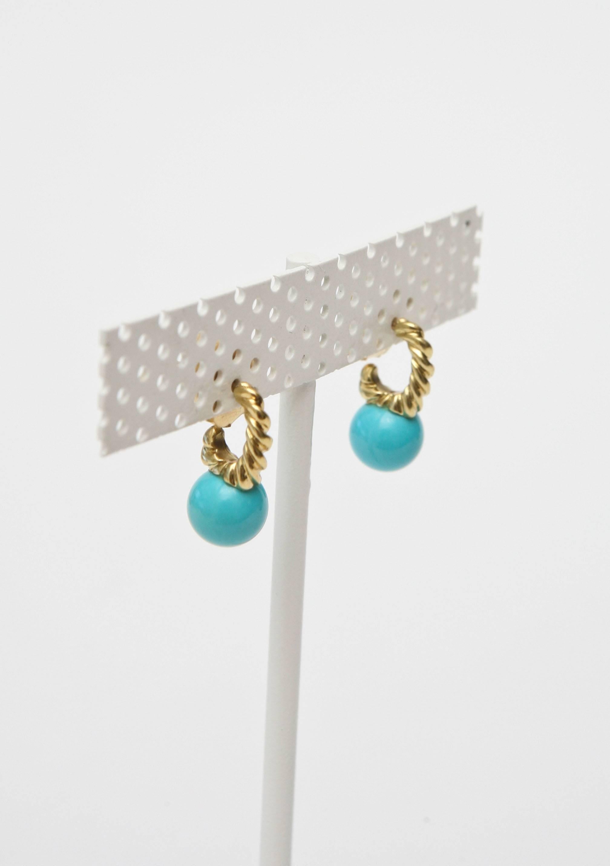 Women's Pair of Turquoise and 14 Carat Gold Drop Earrings