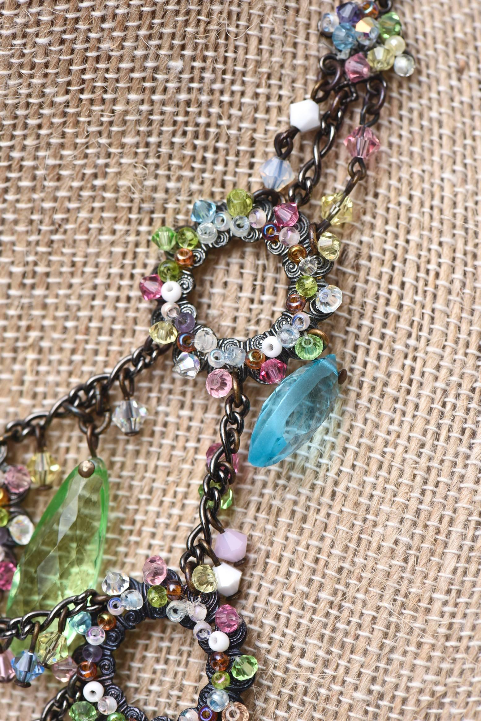 Bead  Erickson Beamon Swarovski Turquoise & Green Crystals Tiered Collar Bib Necklace For Sale