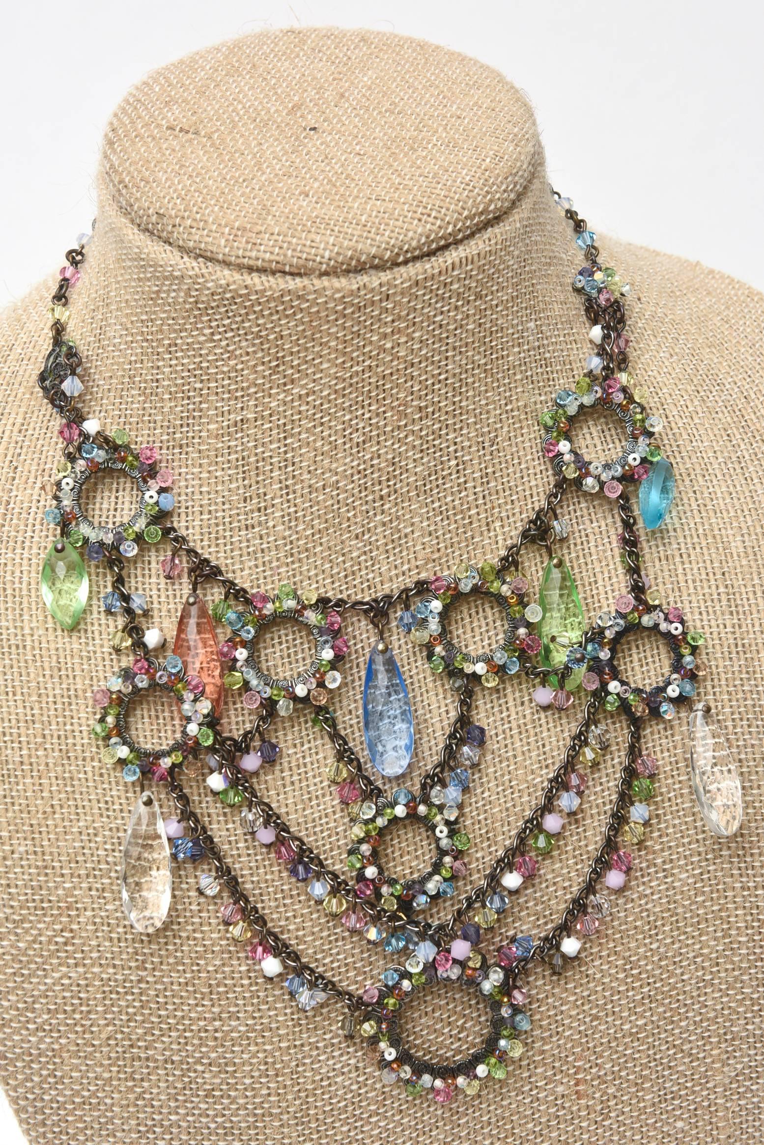 Romantic  Erickson Beamon Swarovski Turquoise & Green Crystals Tiered Collar Bib Necklace For Sale