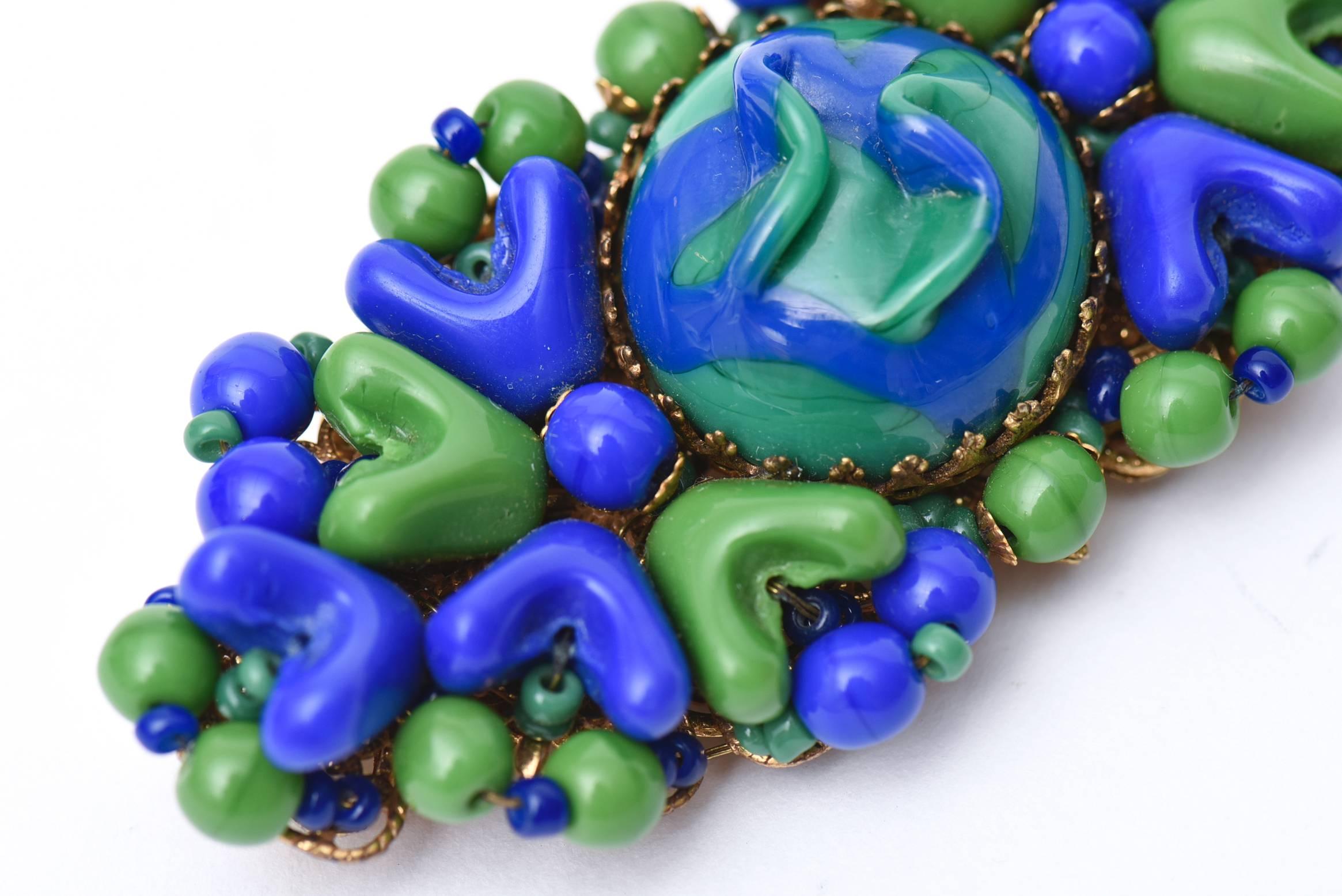 Modern  MIriam Haskell Abstract Resin Royal Blue and Green Bead Brooch Pin Vintage For Sale