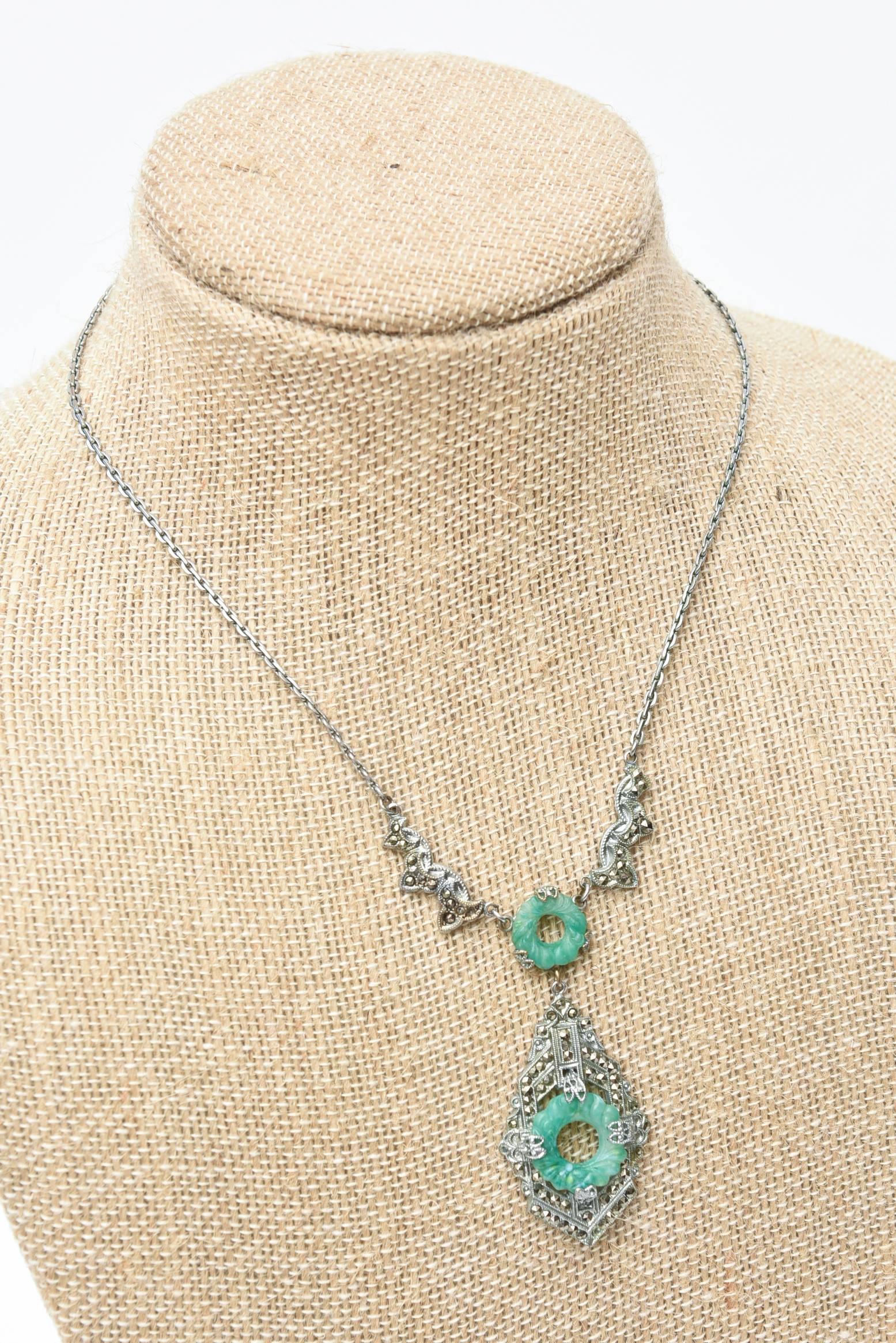 Antique Cushion Cut Art Deco Marcasite and Green Stone Necklace                              For Sale