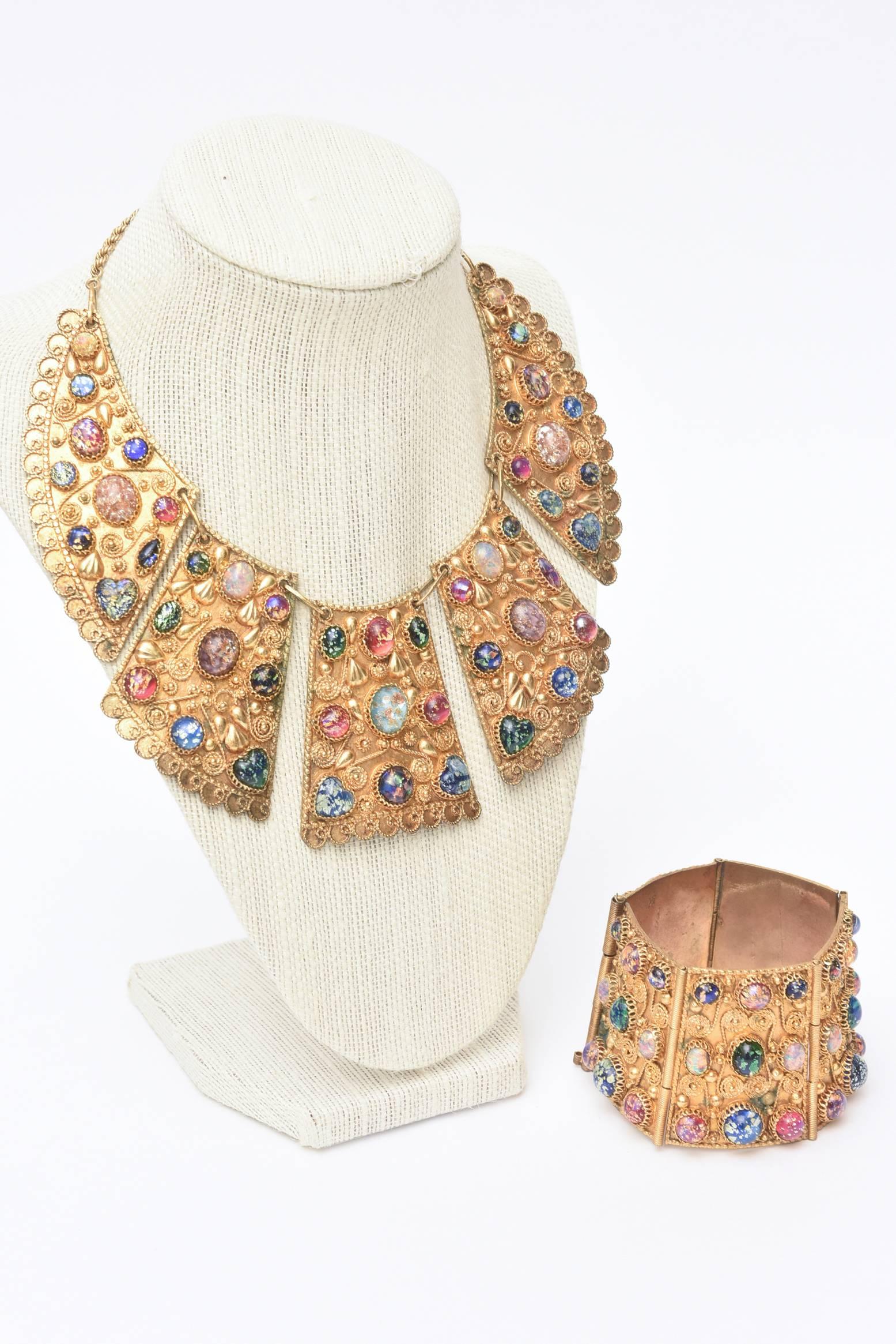 Egyptian Revival Bib Collar Necklace And Cuff Bracelet Set Vintage 1