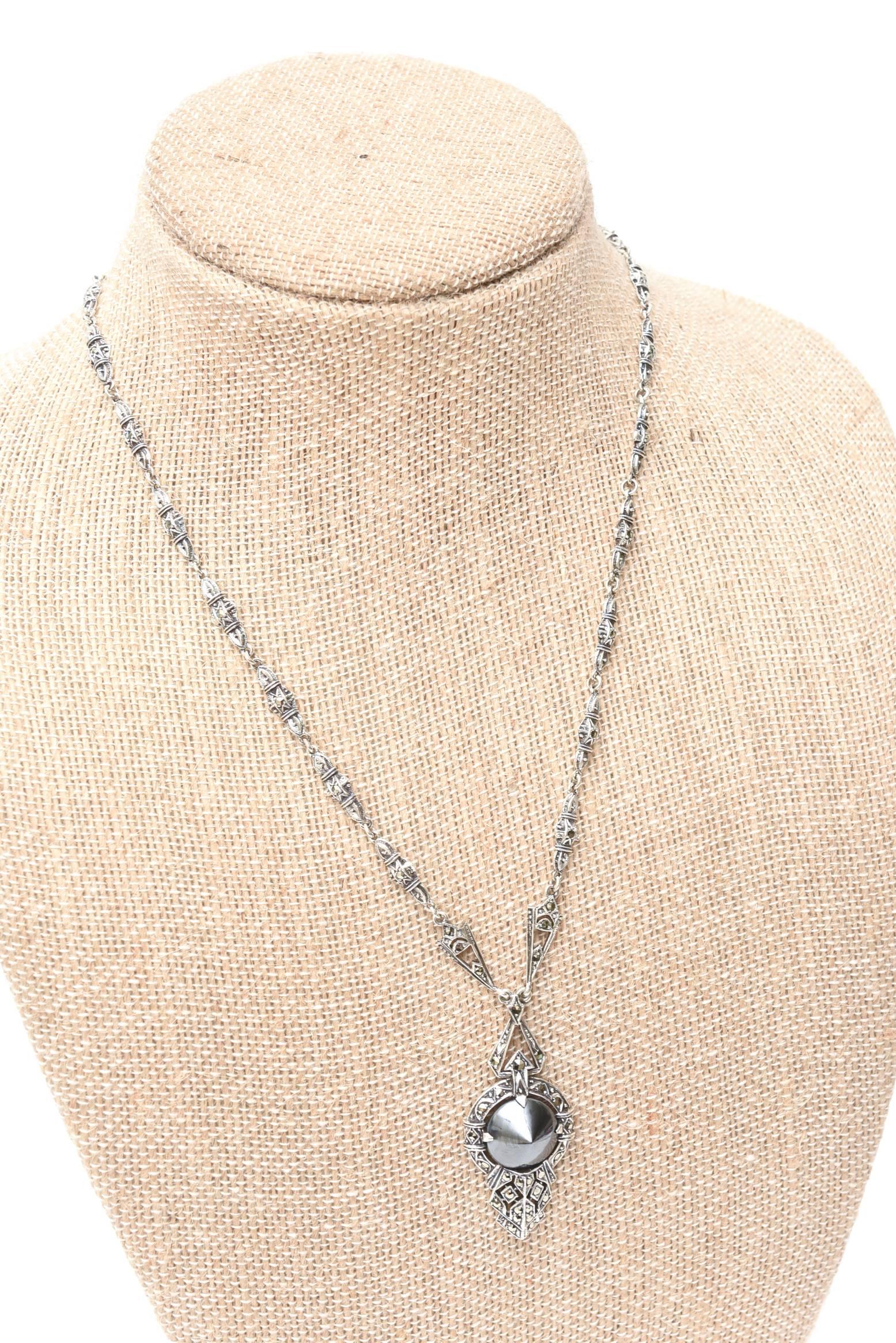 Women's Art Deco Sterling Silver, Hematite And Marcasite Necklace For Sale