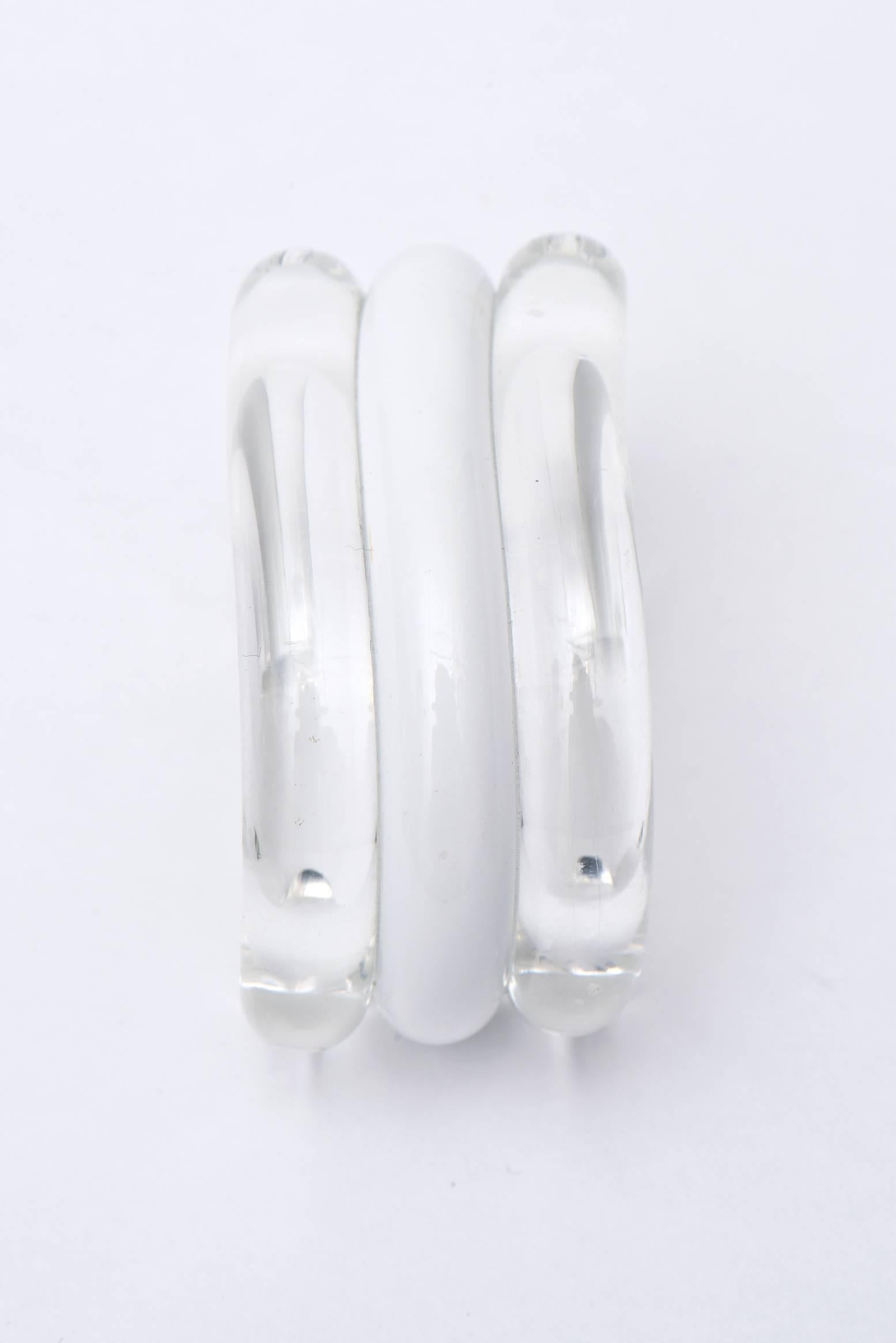 Modern Judith Hendler Vintage Lucite Clear and White Cuff Bracelet For Sale