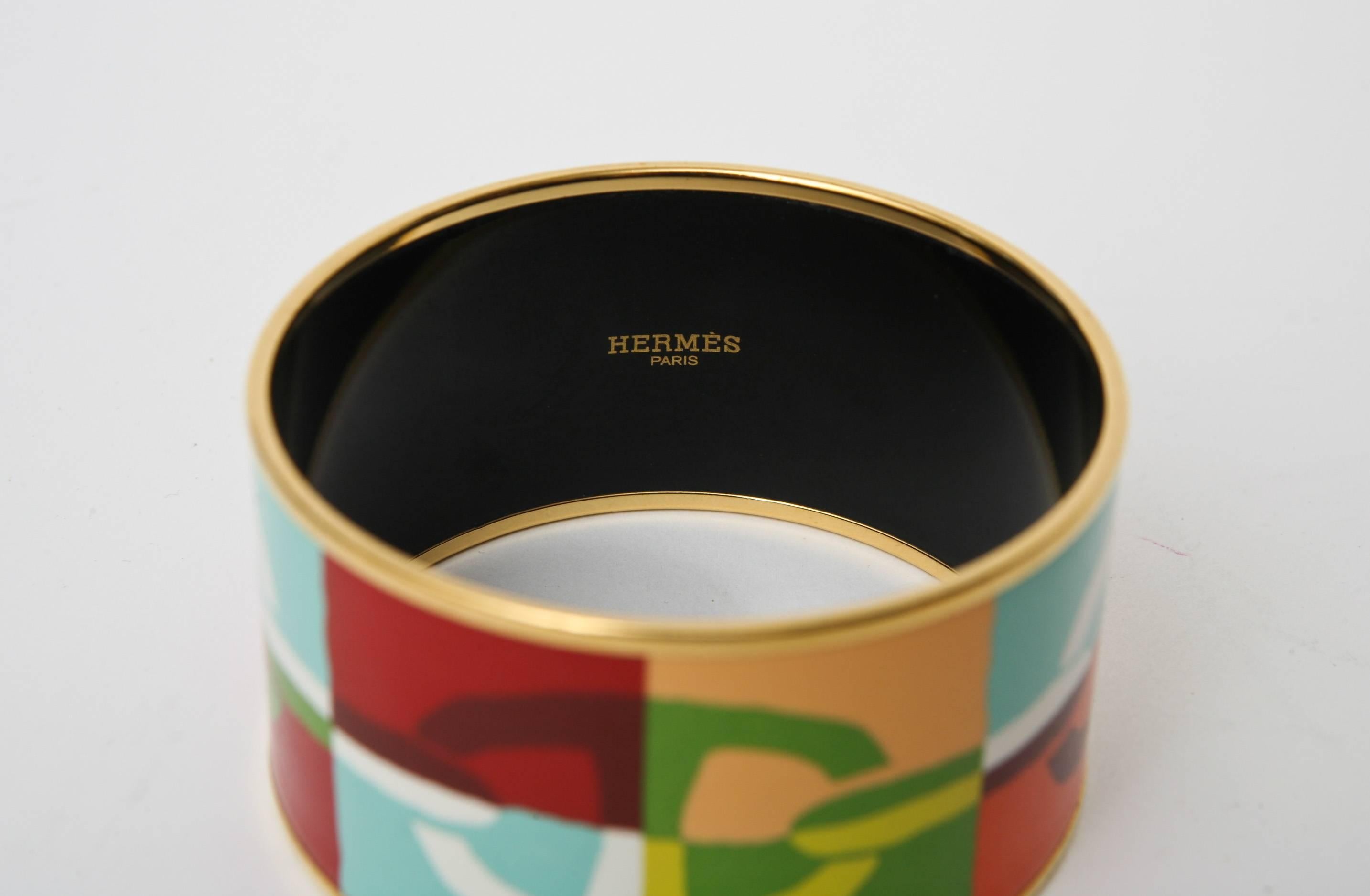 Hermes Enameled Wide Cuff Bracelet In Good Condition In North Miami, FL