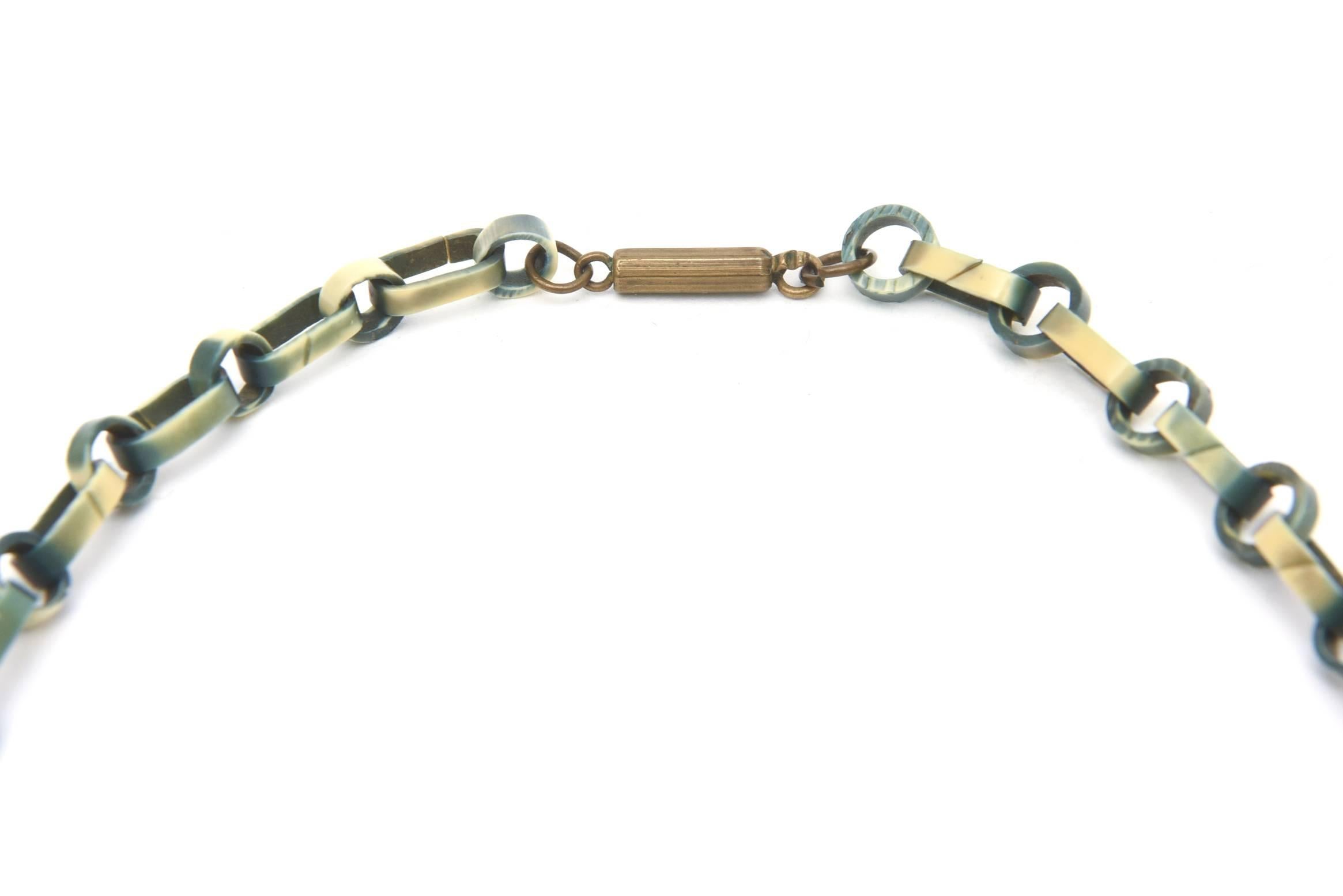 Egyptian Revival Vintage Teal Turquoise Green and Tan Celluloid Necklace For Sale 2