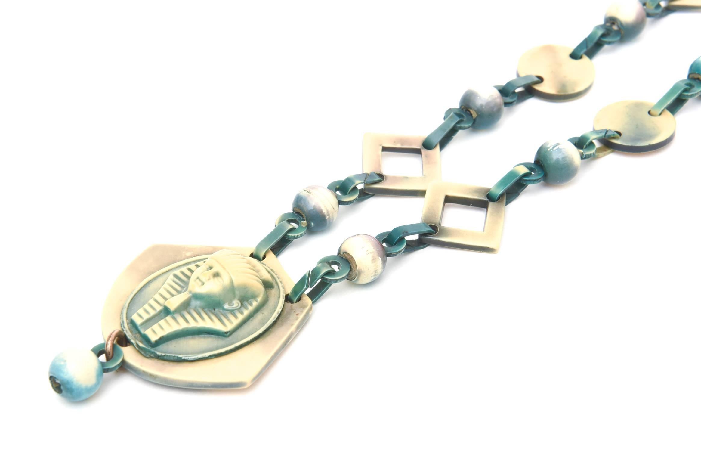 Women's Egyptian Revival Vintage Teal Turquoise Green and Tan Celluloid Necklace  For Sale