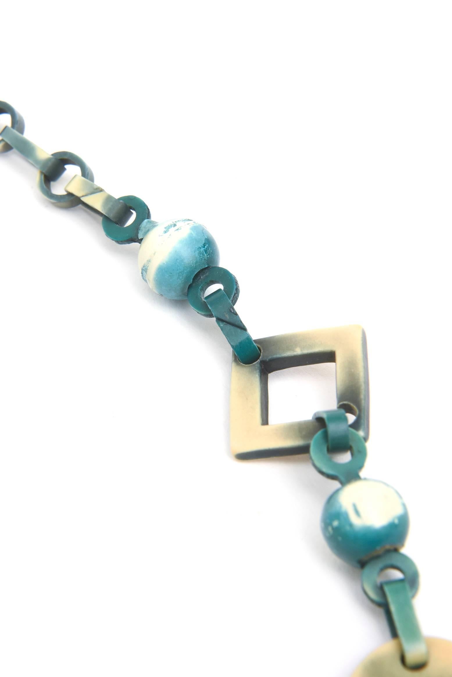 Egyptian Revival Vintage Teal Turquoise Green and Tan Celluloid Necklace  In Good Condition For Sale In North Miami, FL