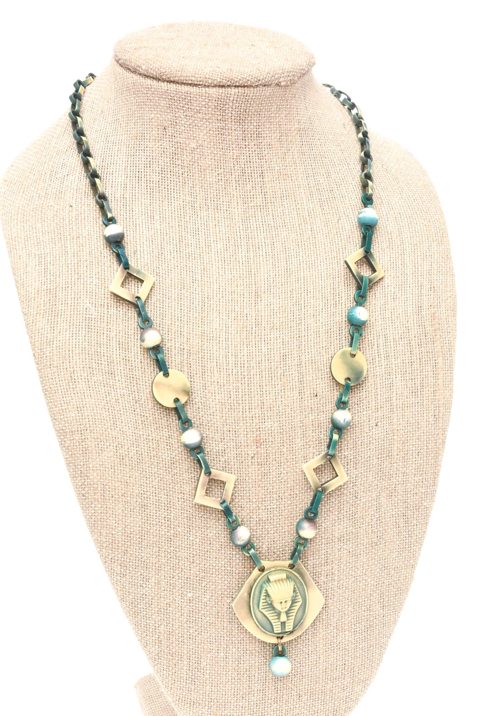Egyptian Revival Vintage Teal Turquoise Green and Tan Celluloid Necklace  For Sale 4