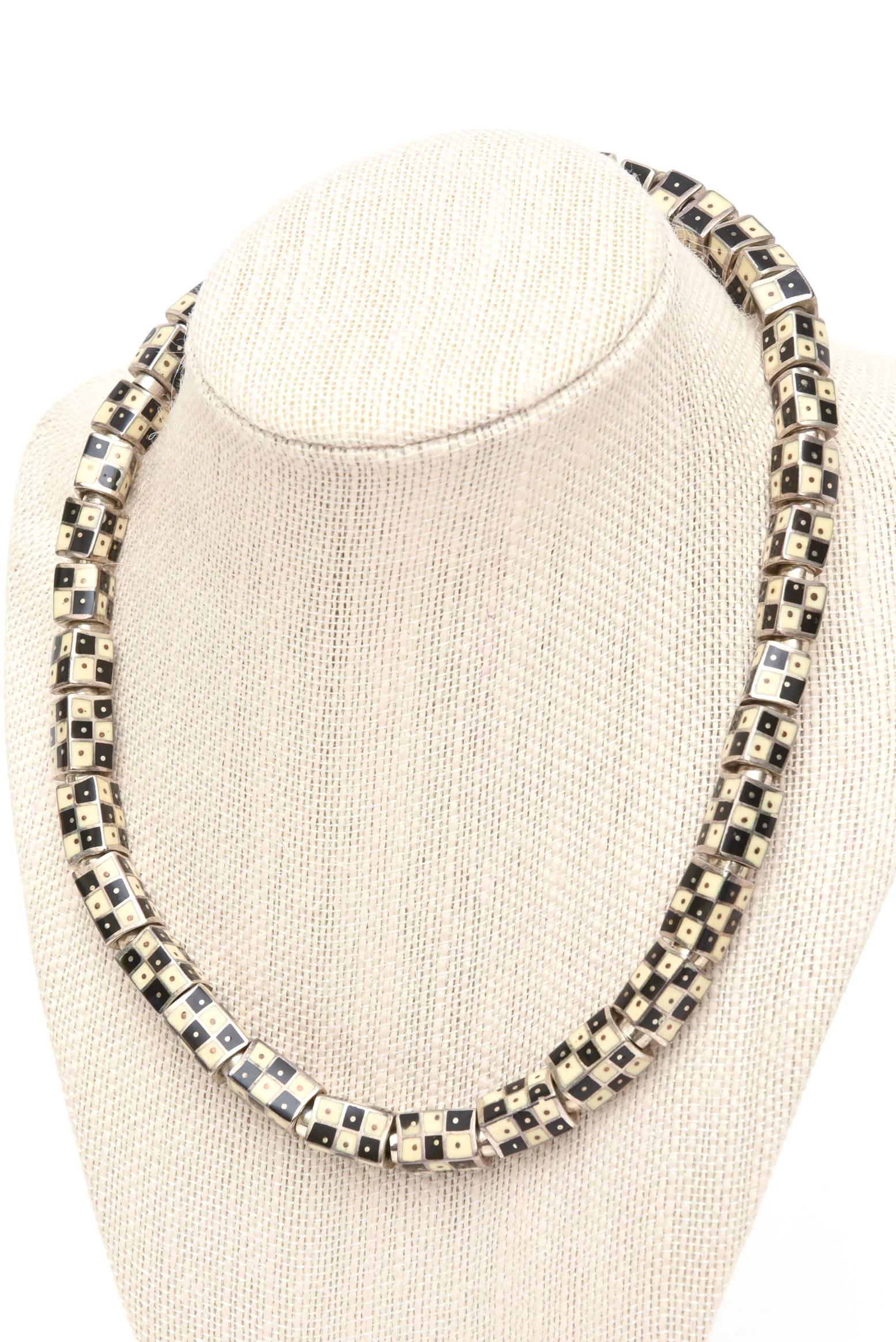  Art Deco Sterling Silver and Enamel Checkerboard Graphic Necklace Vintage 3
