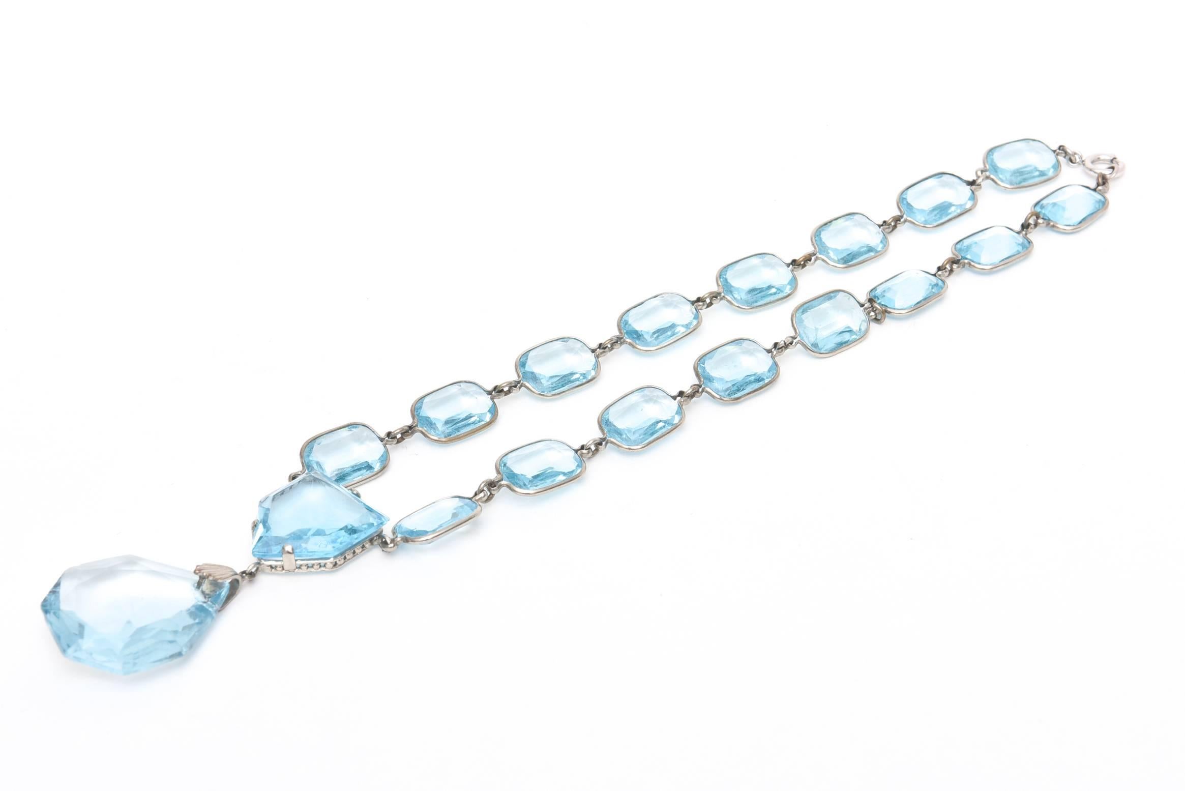 Modern Faceted Glass Crystal Aquamarine/ Sterling Silver Pendant Necklace/ SALE