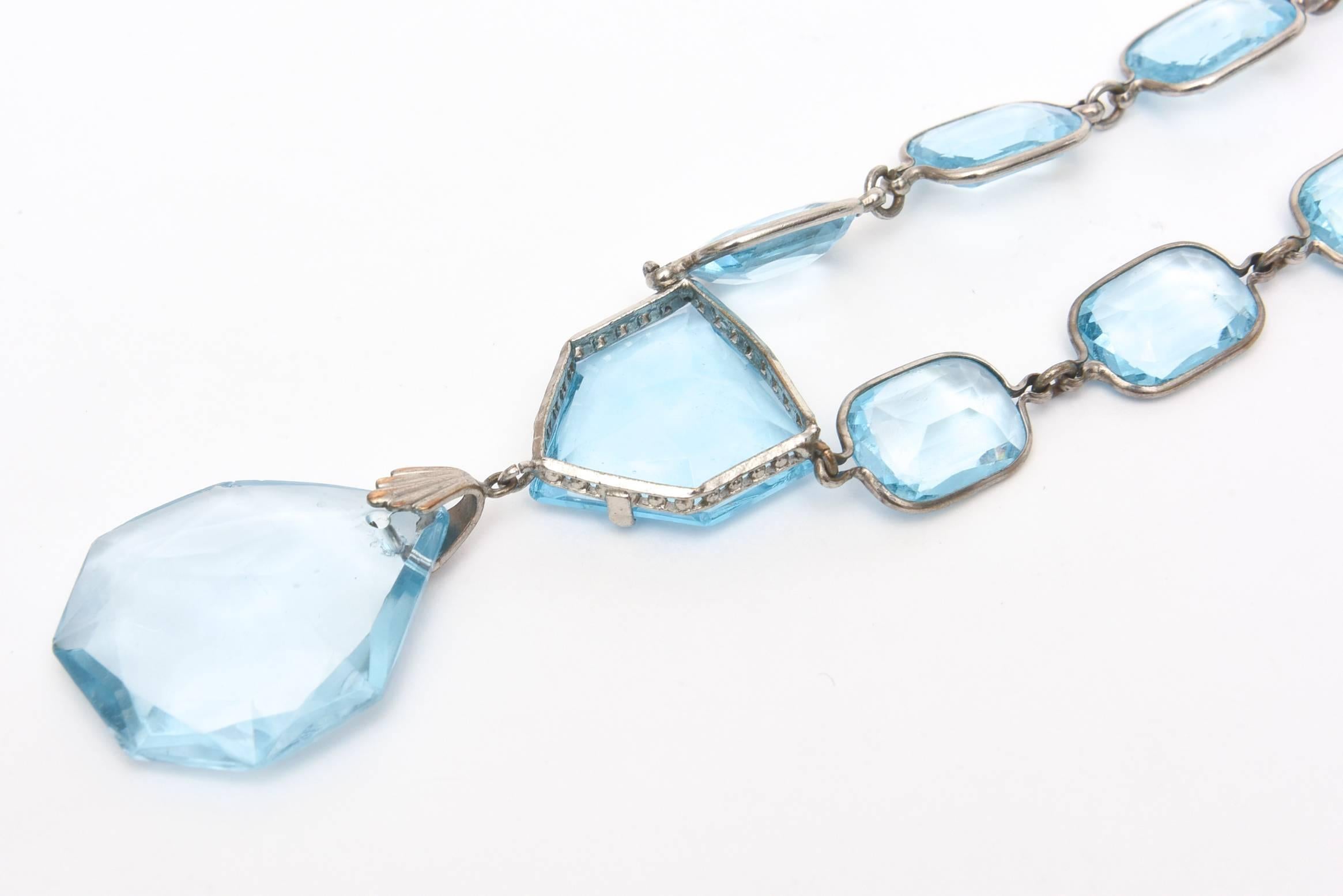 Faceted Glass Crystal Aquamarine/ Sterling Silver Pendant Necklace/ SALE 1