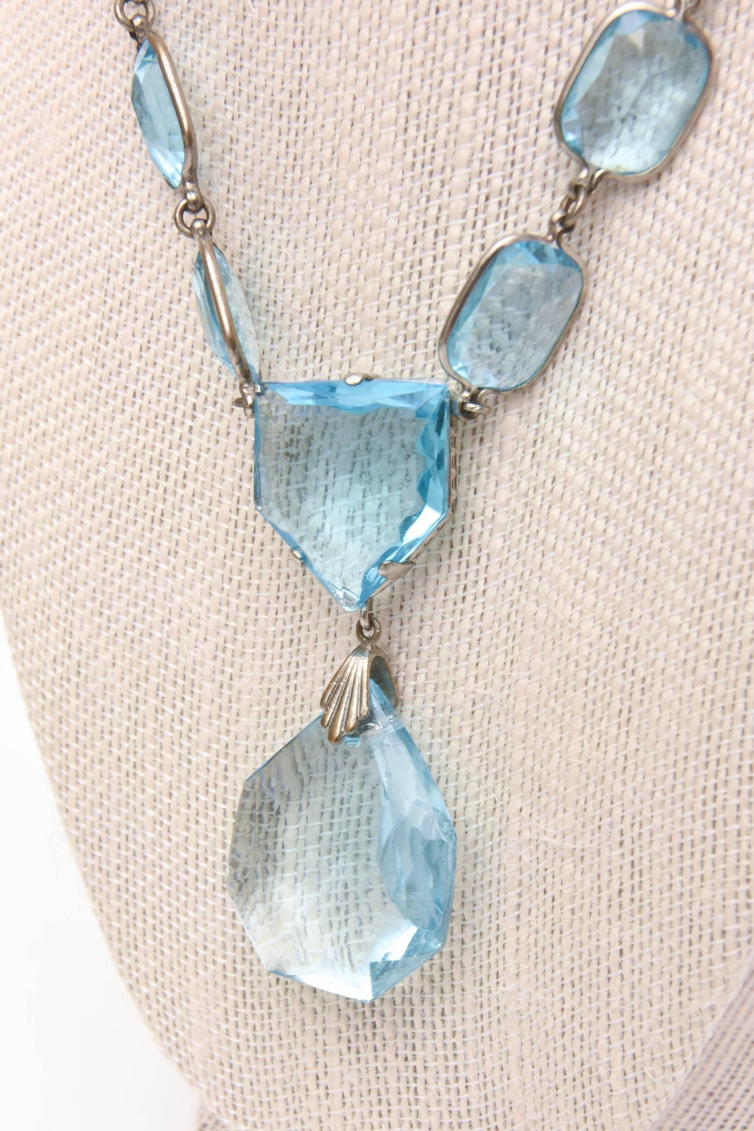 Faceted Glass Crystal Aquamarine/ Sterling Silver Pendant Necklace/ SALE 3