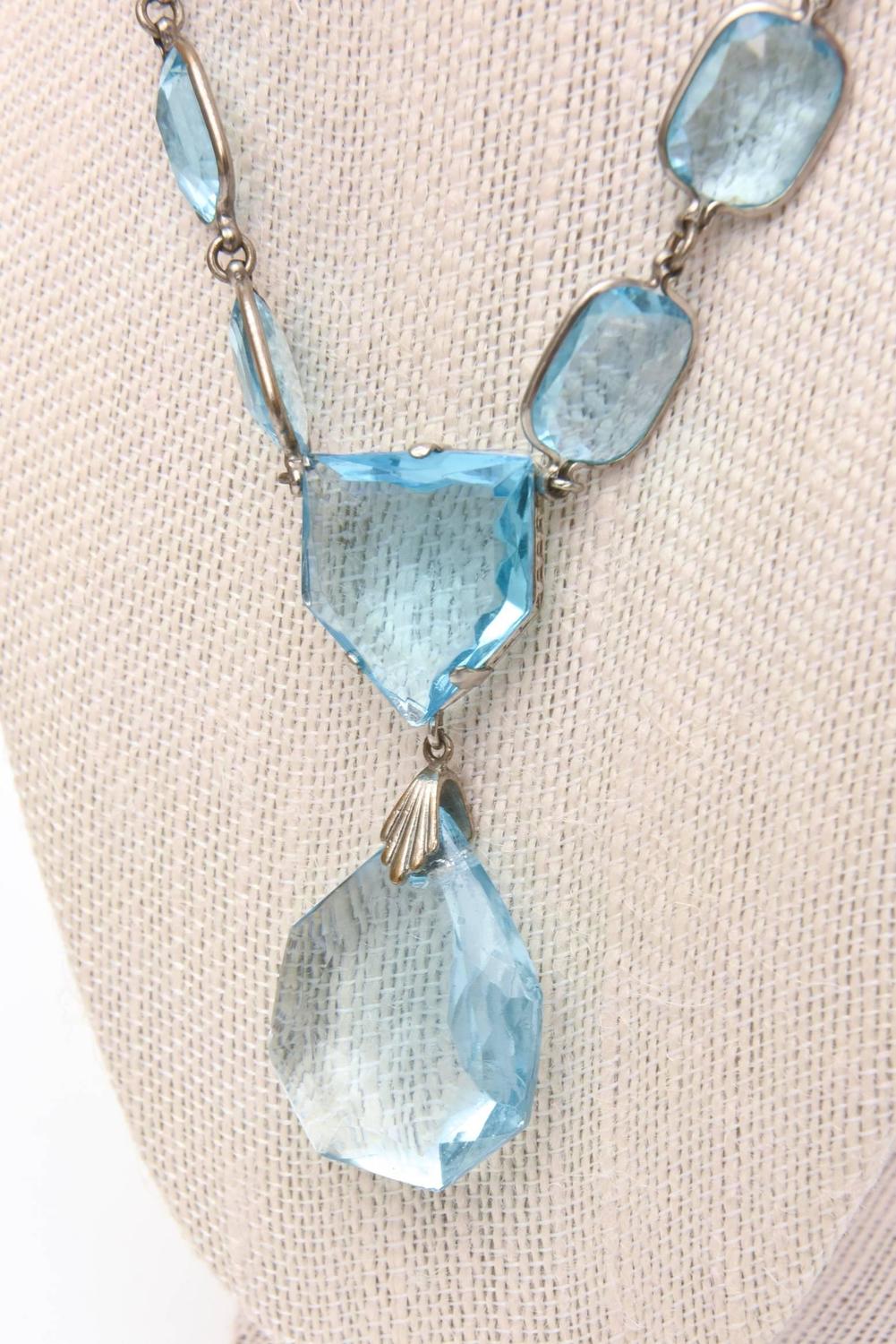 Faceted Glass Crystal Aquamarine/ Sterling Silver Pendant Necklace For
