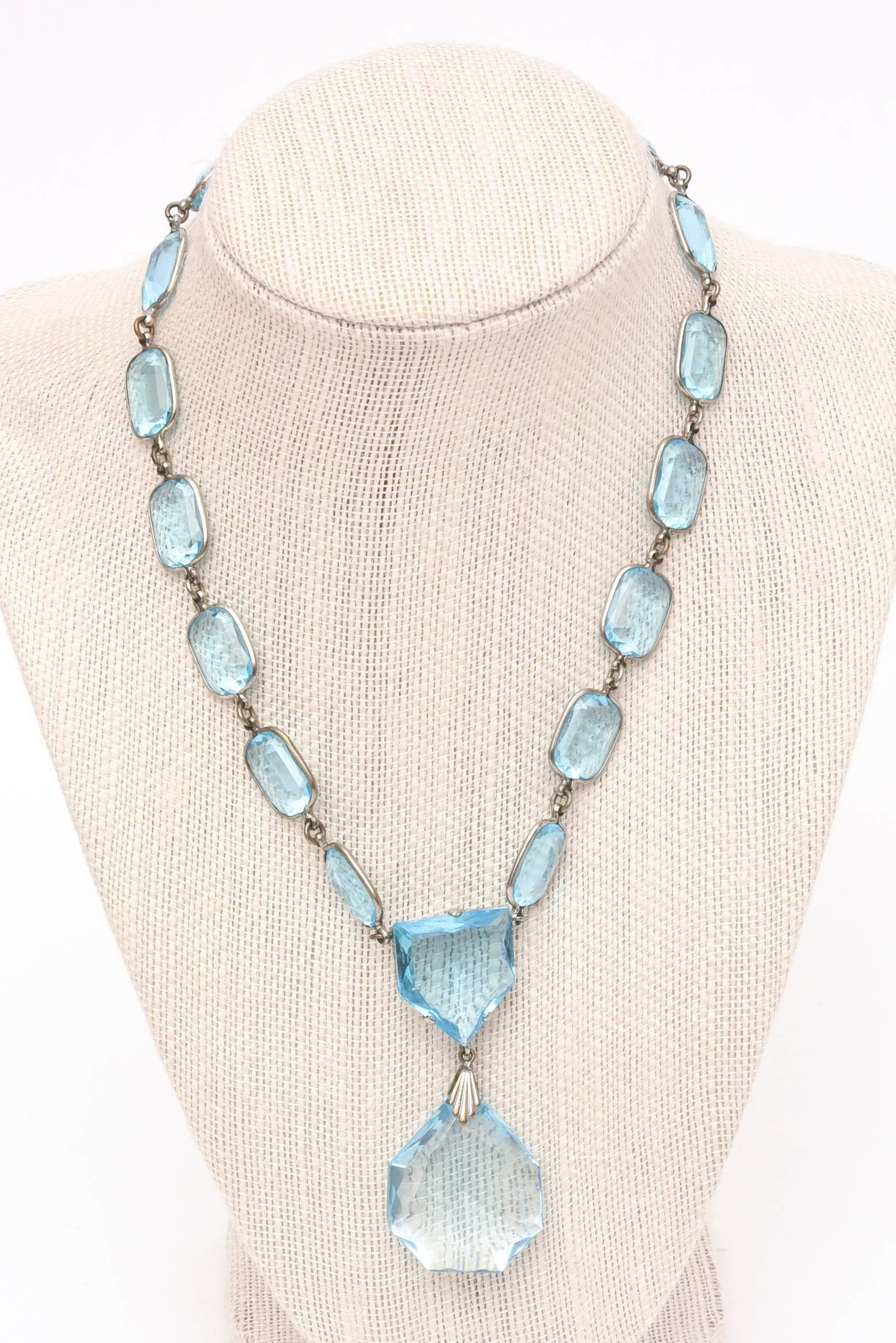 Faceted Glass Crystal Aquamarine/ Sterling Silver Pendant Necklace/ SALE 2