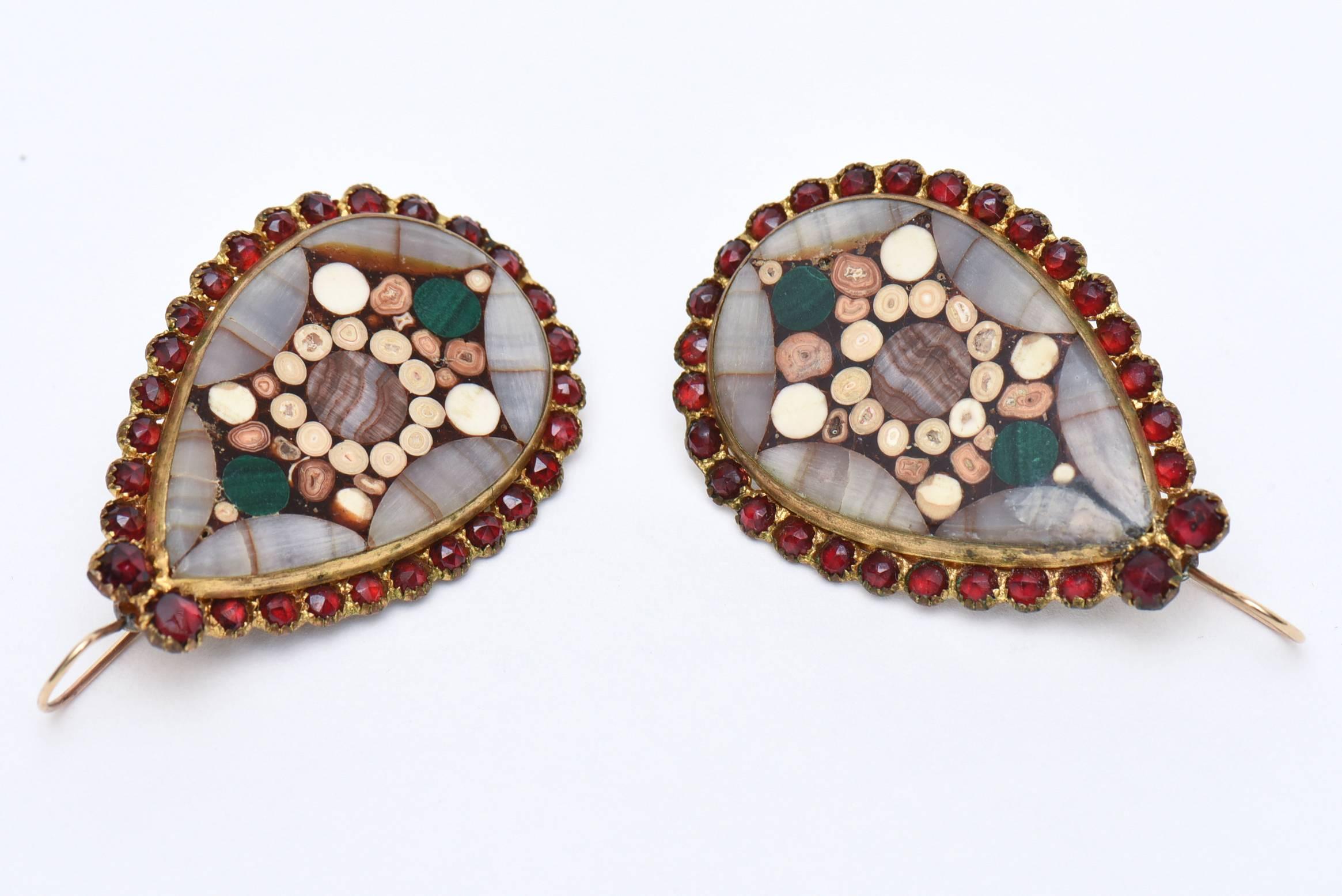  Inlay Agate, Quartz, Stone Garnets Dangle Drop Pierced Earrings Pair Of Vintage 1