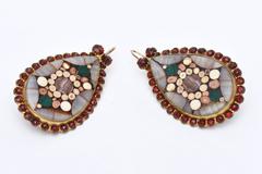 Vintage Inlay Agate, Quartz, Stone Garnets Dangle Drop Pierced Earrings Pair Of