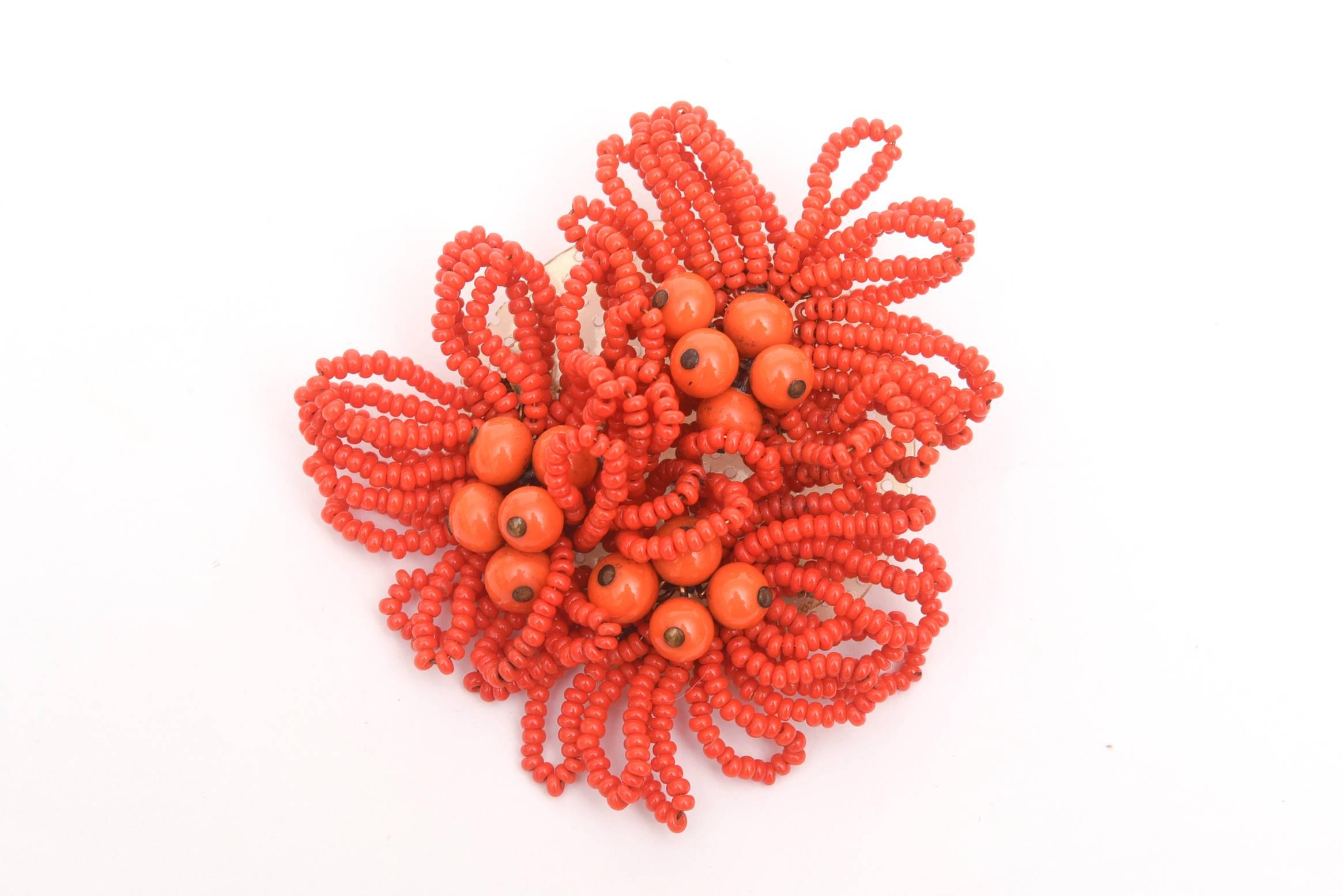 Miriam Haskell Orange Beaded Cluster Pin Brooch Vintage In Good Condition In North Miami, FL
