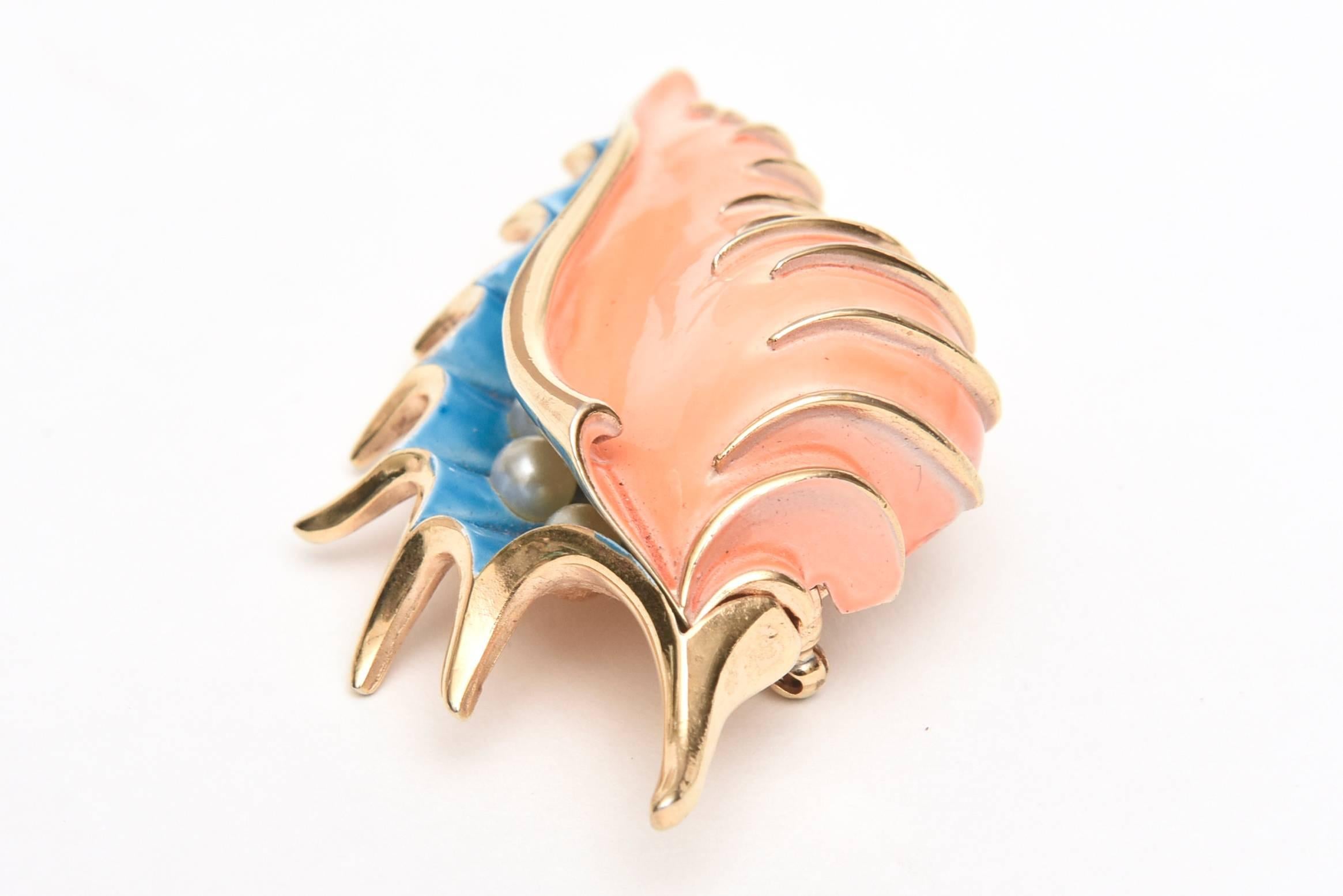 Modern Trifari Enamel and Faux Pearl Conch Shell Brooch Pin Vintage