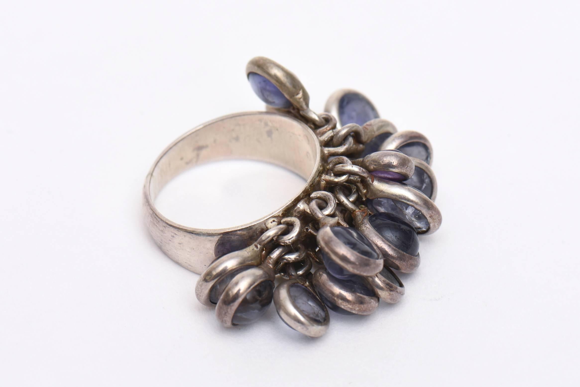 Modern Sterling Silver and Amethyst Dangler Cluster Disk Ring